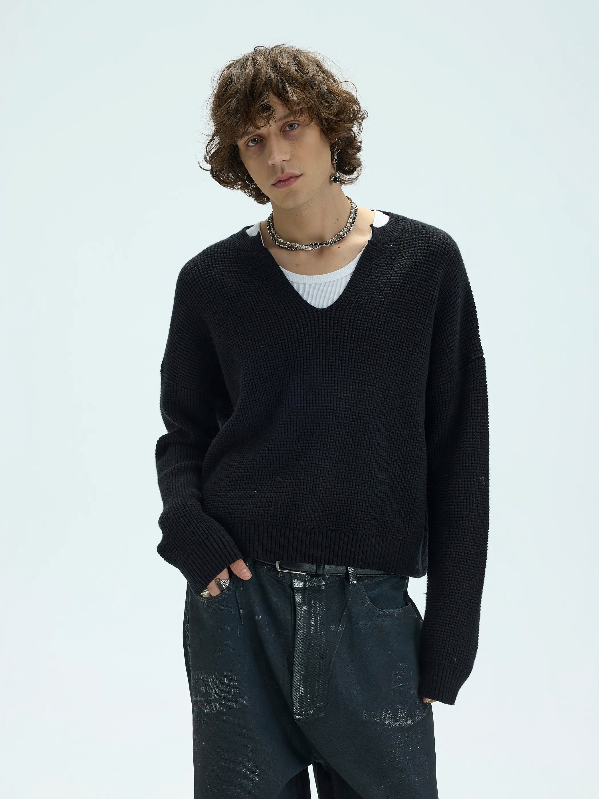 3D Waffle Texture Lace-Label Sweater