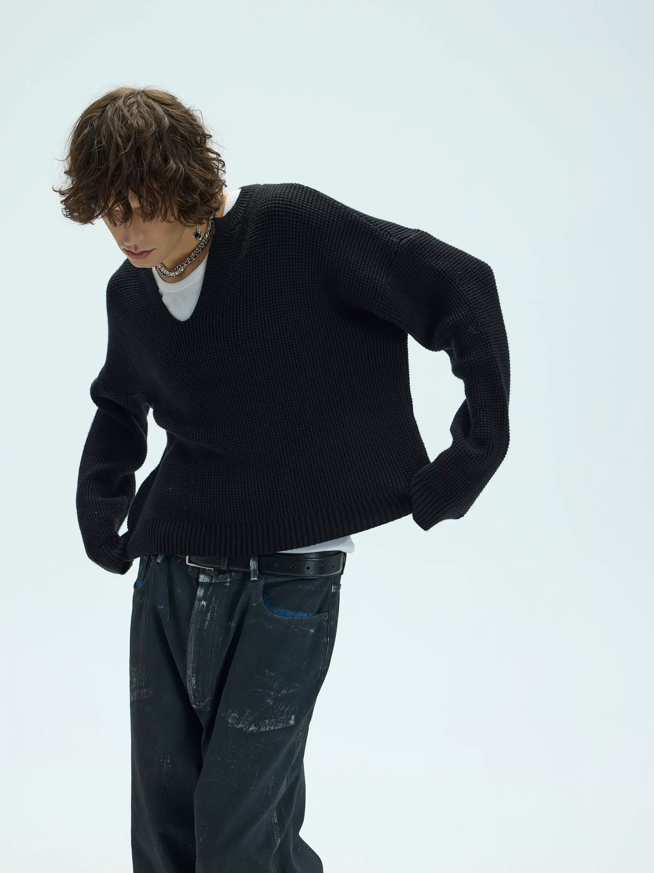 3D Waffle Texture Lace-Label Sweater