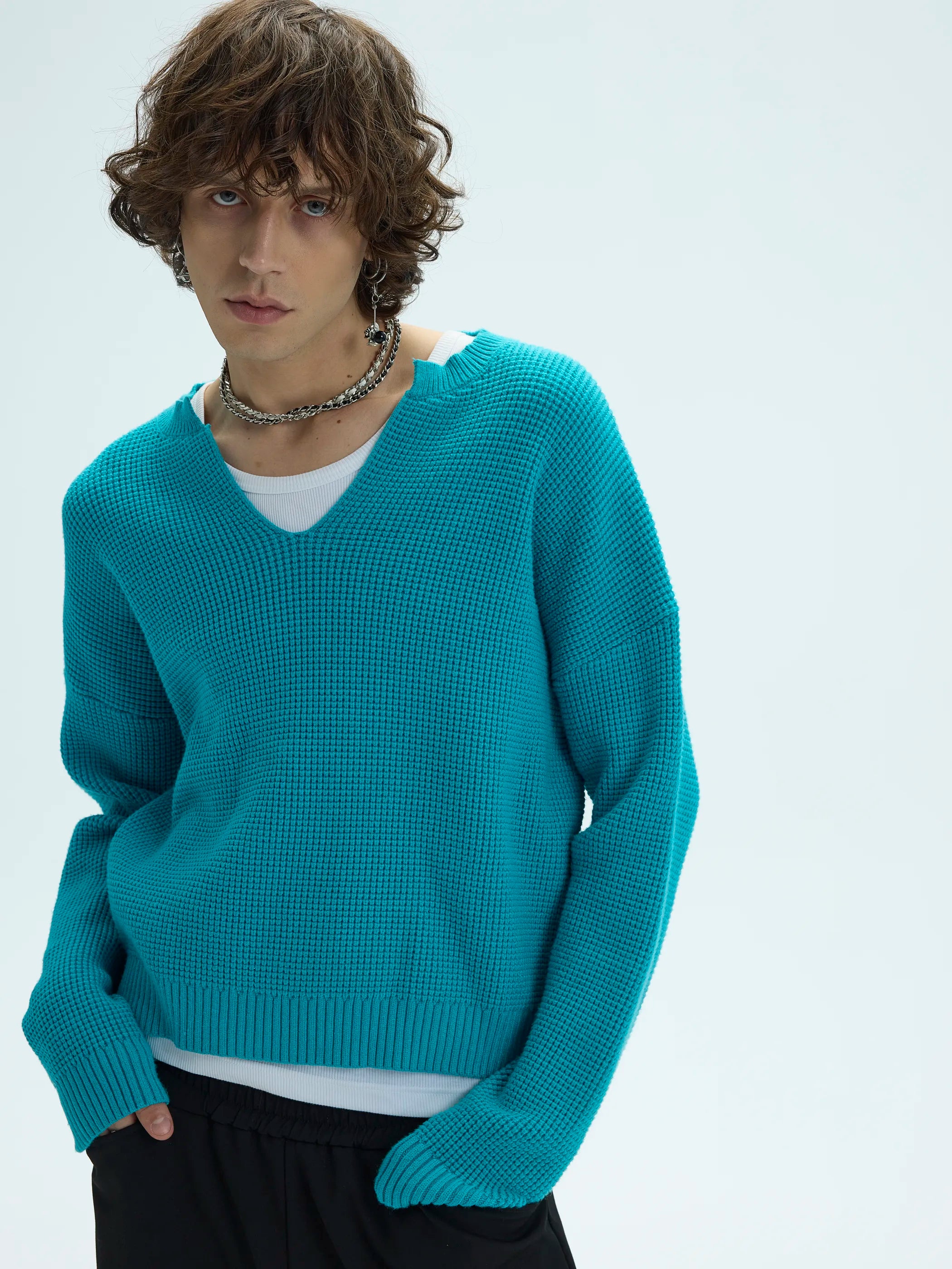 3D Waffle Texture Lace-Label Sweater