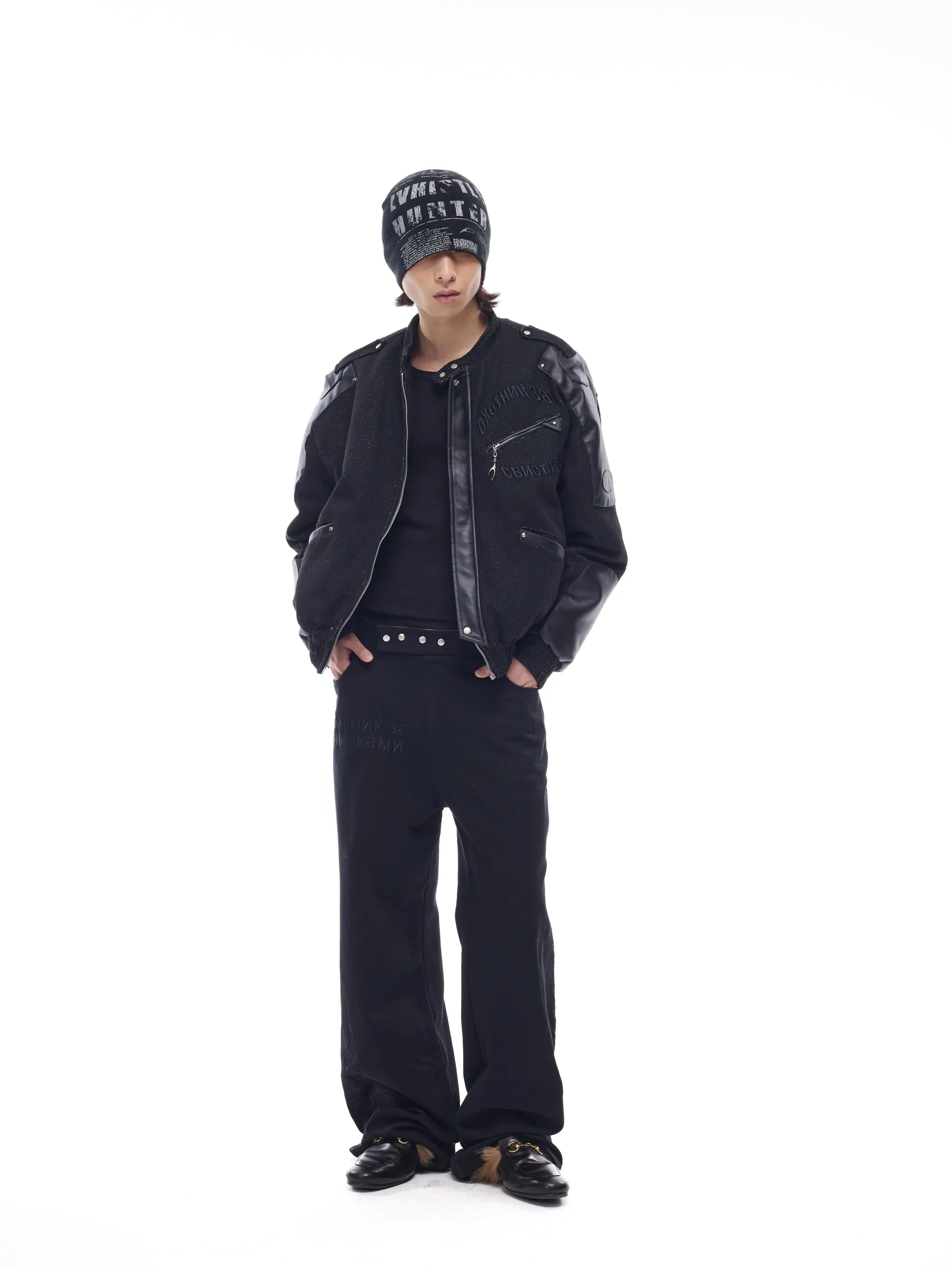 Leather-panelled moto bomber jacket