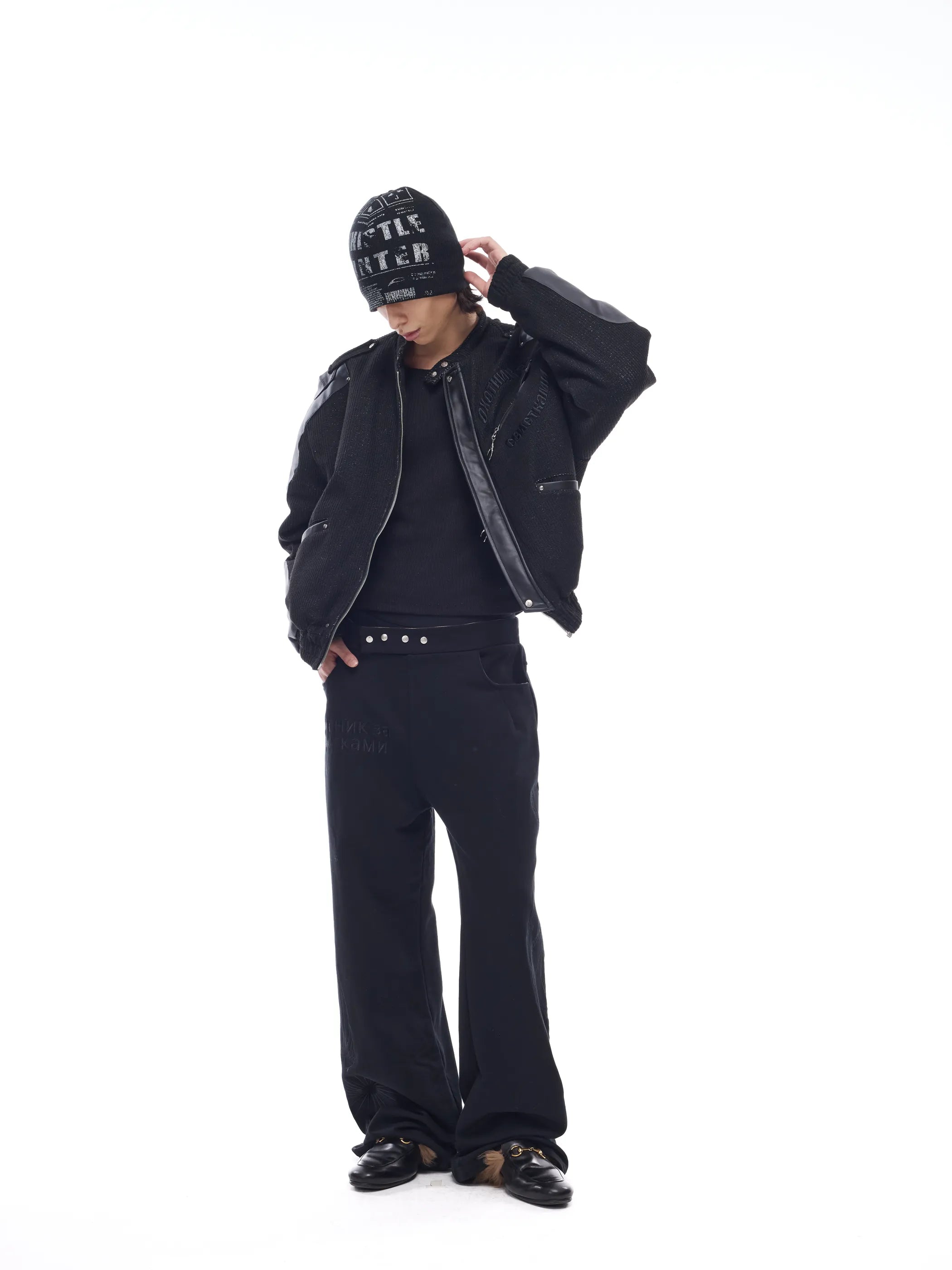Leather-panelled moto bomber jacket