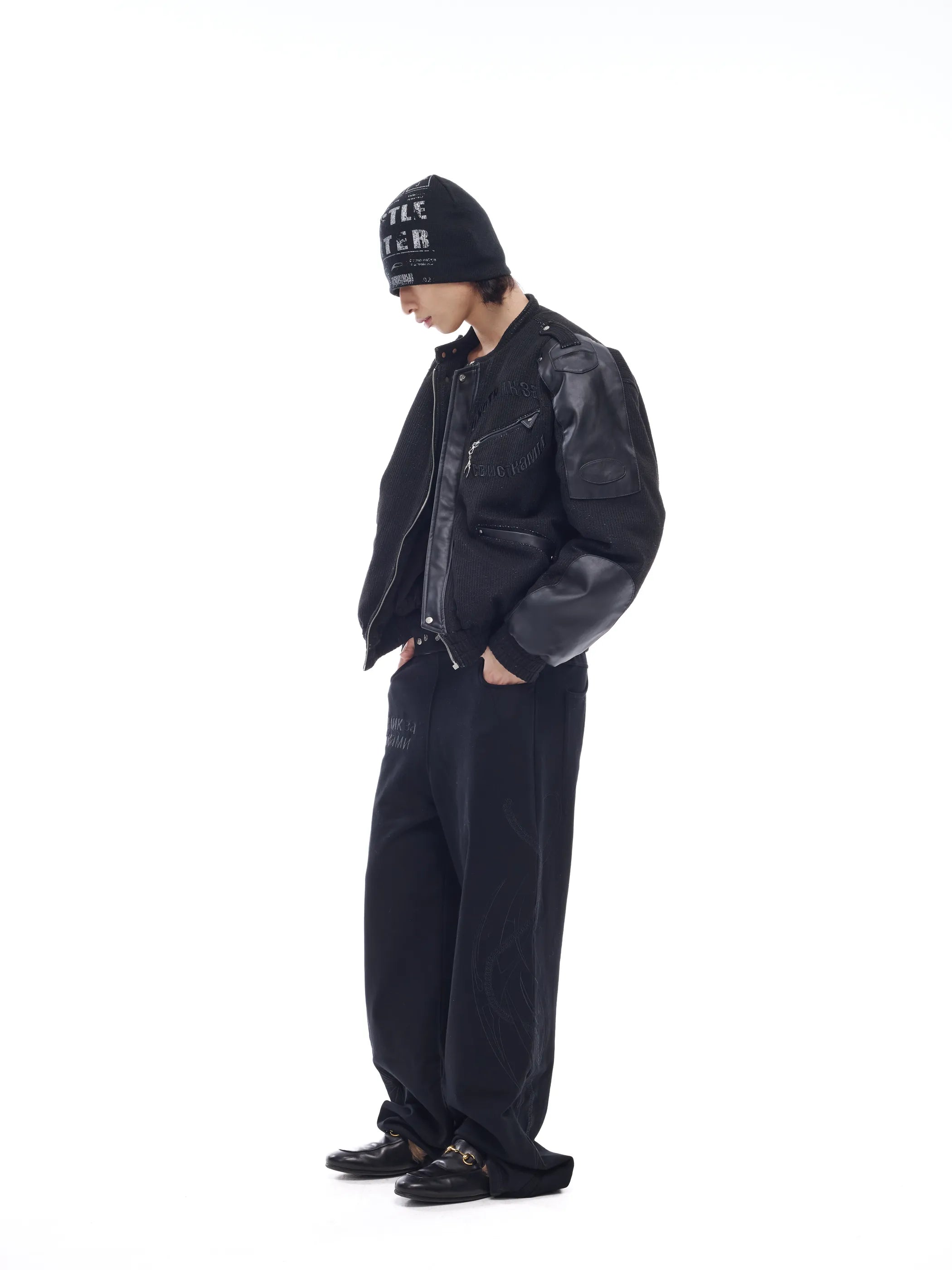 Leather-panelled moto bomber jacket