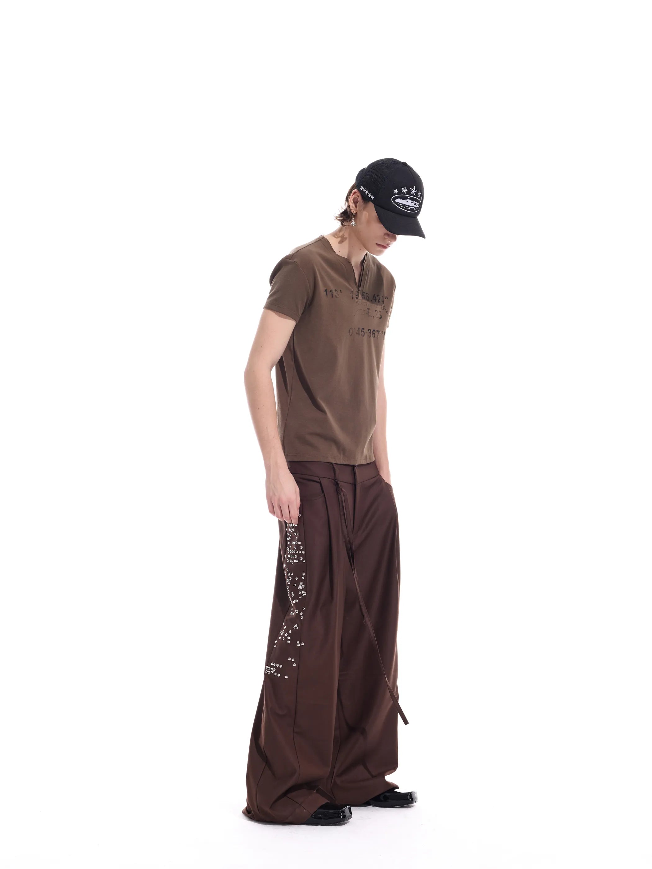 Distressed grid-pattern lyocell V-neck tee