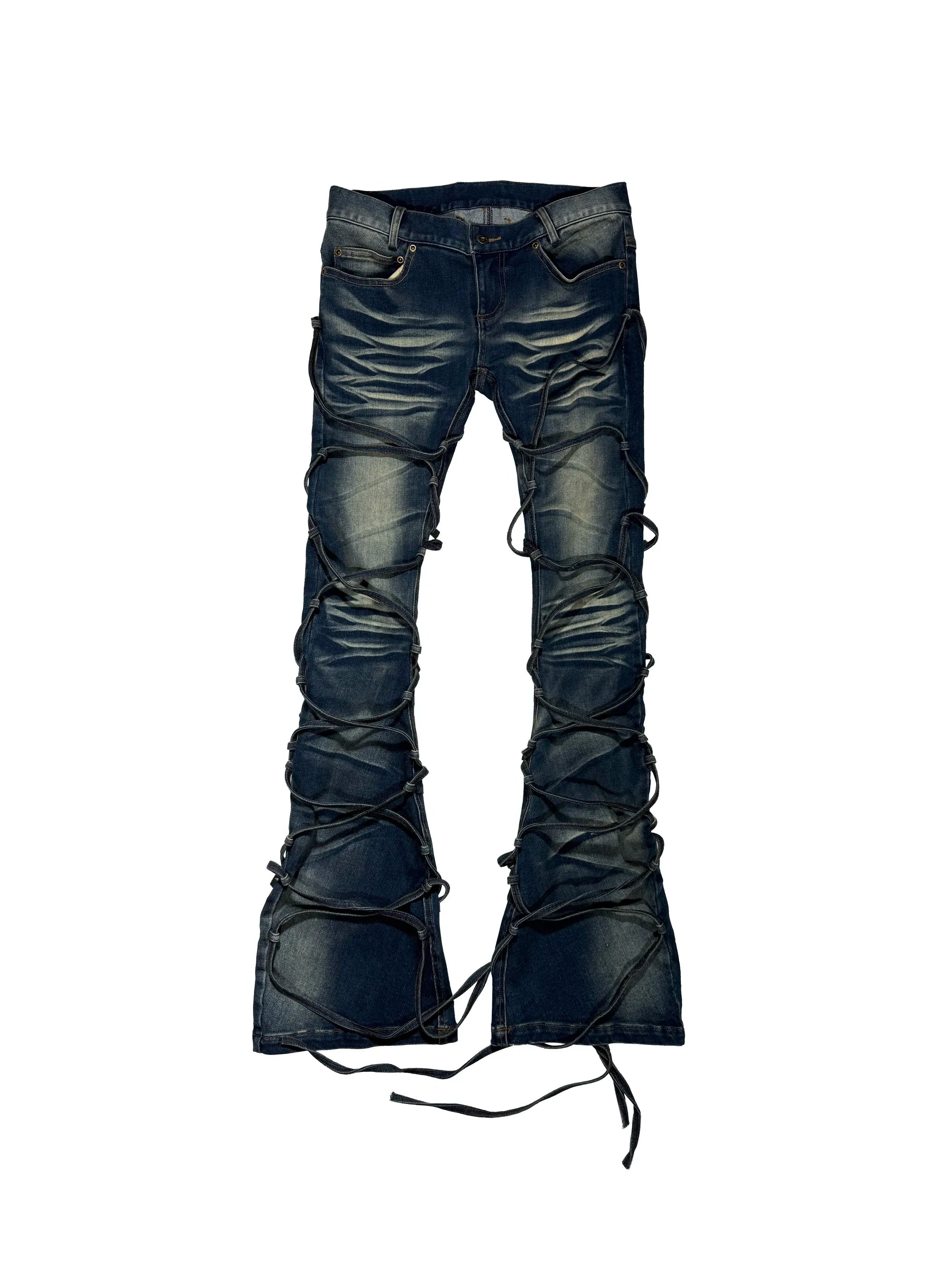 Two-Tone Lace-Up Flared Jeans