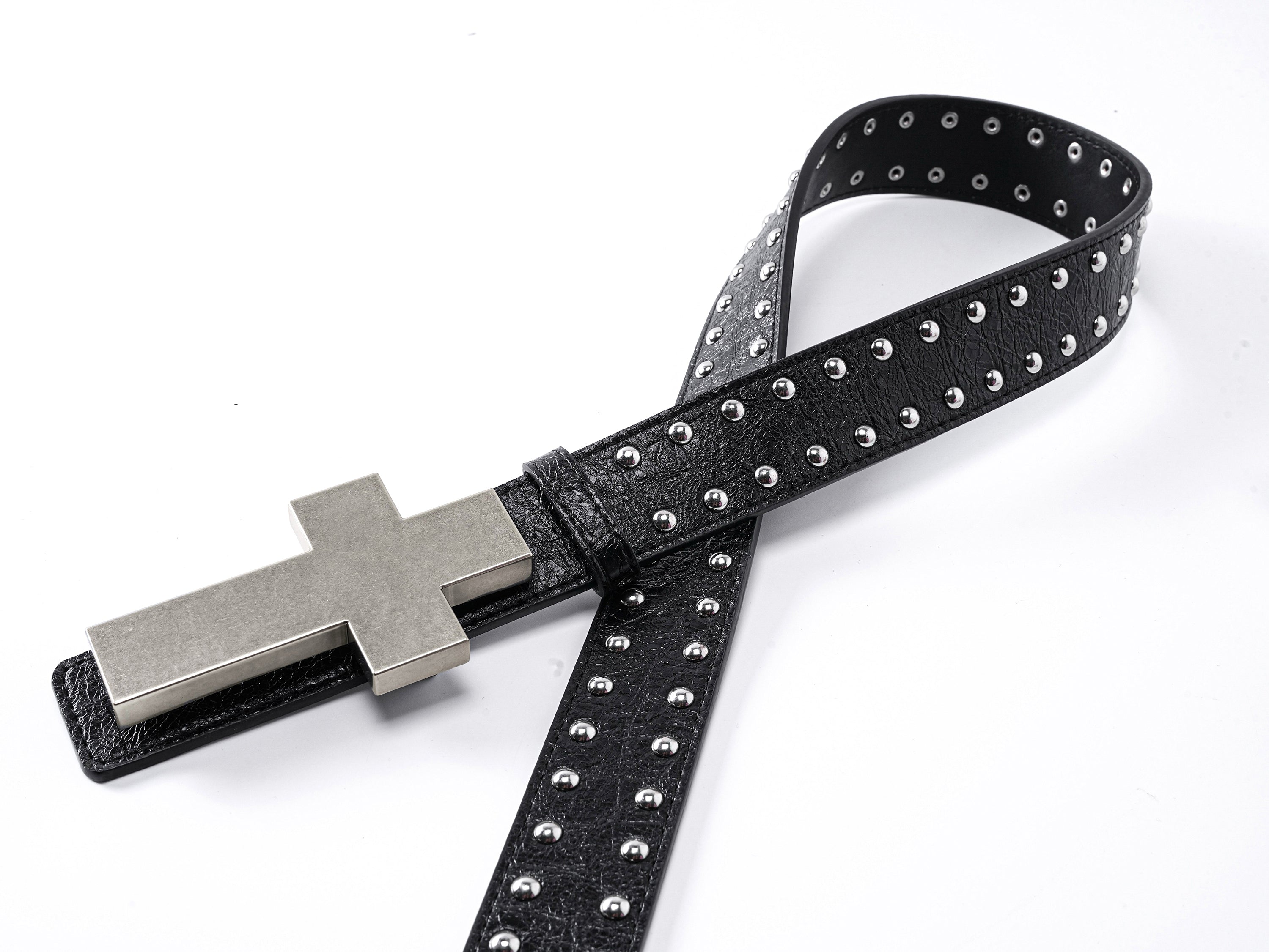 "✝" Cracked-texture studded belt