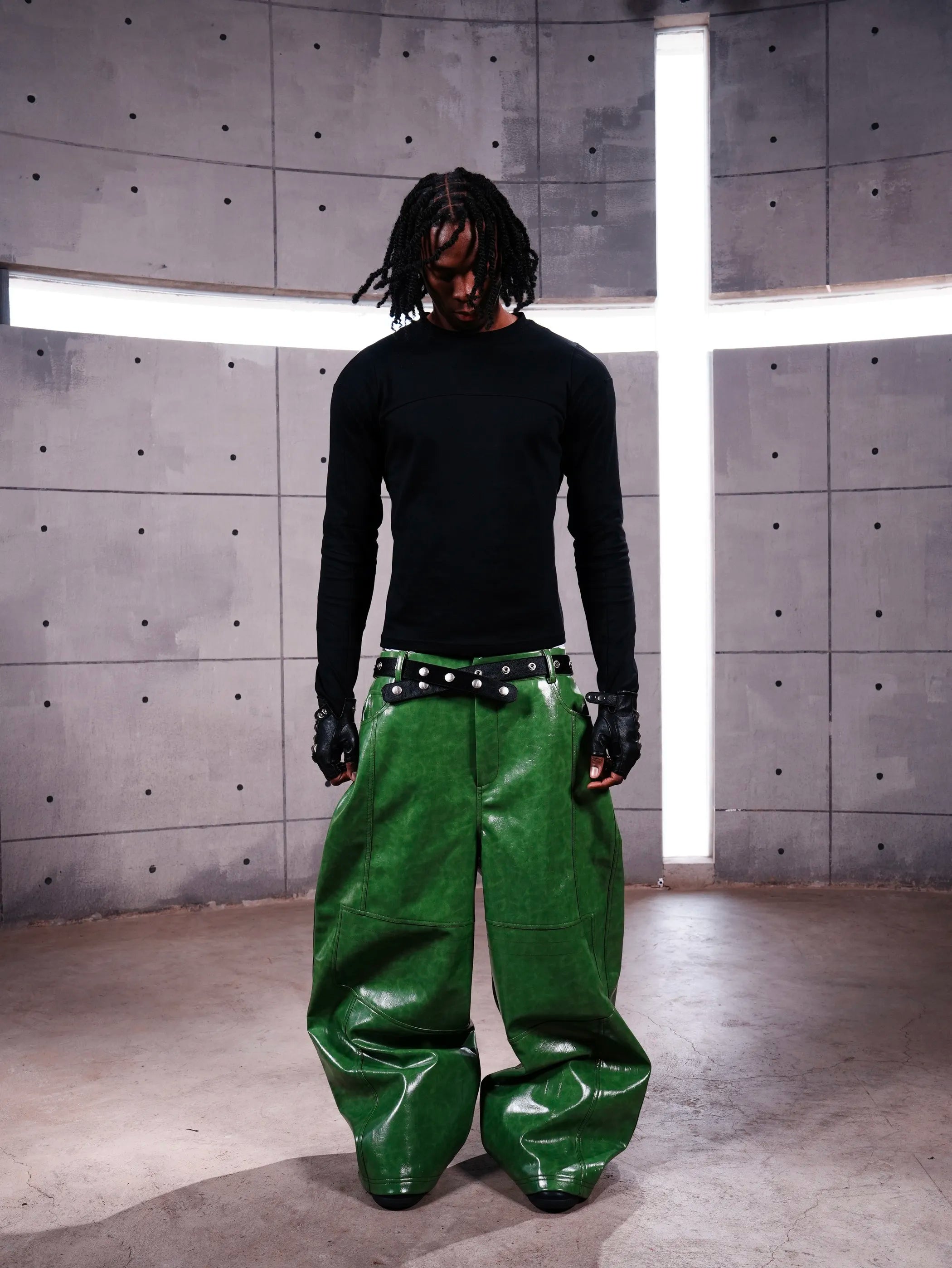 Liquid leather baggy pants