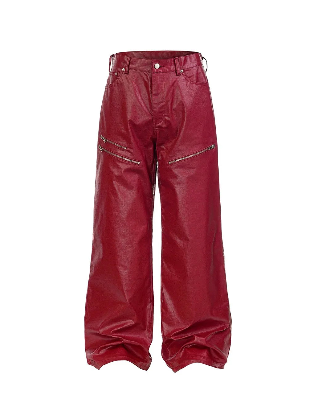 Liquid metal red coated straight-leg wax pants
