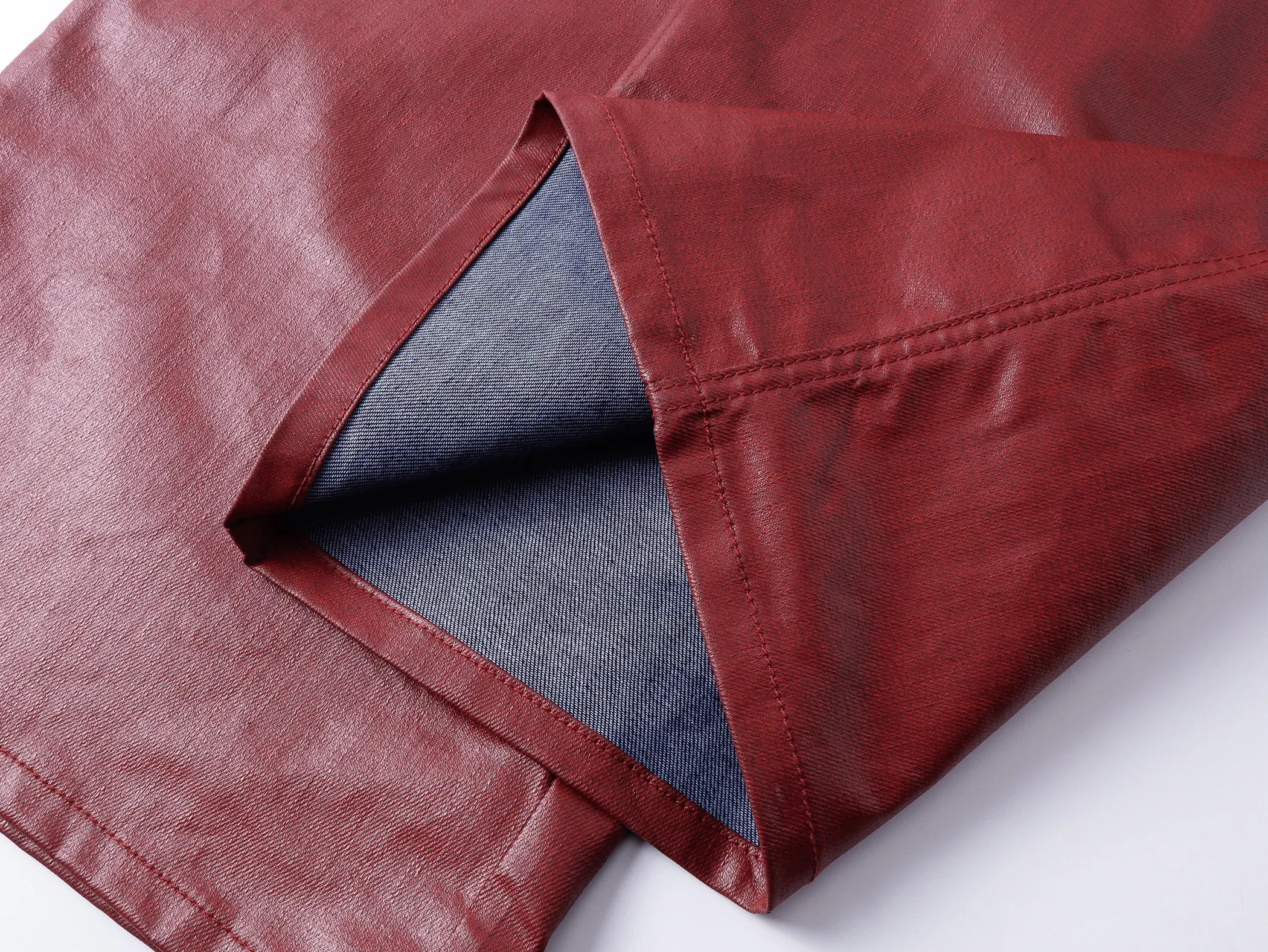 Liquid metal red coated straight-leg wax pants