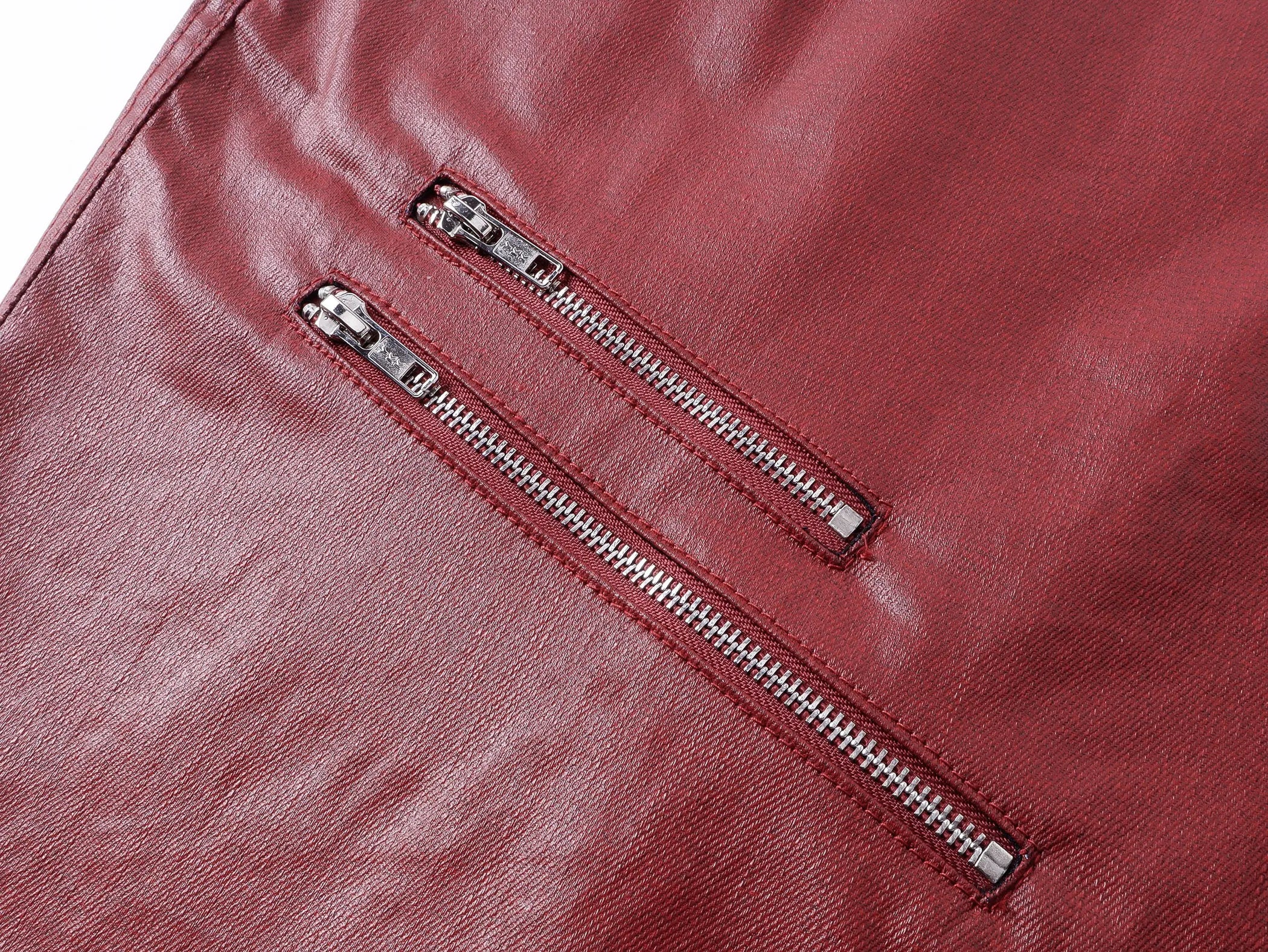 Liquid metal red coated straight-leg wax pants
