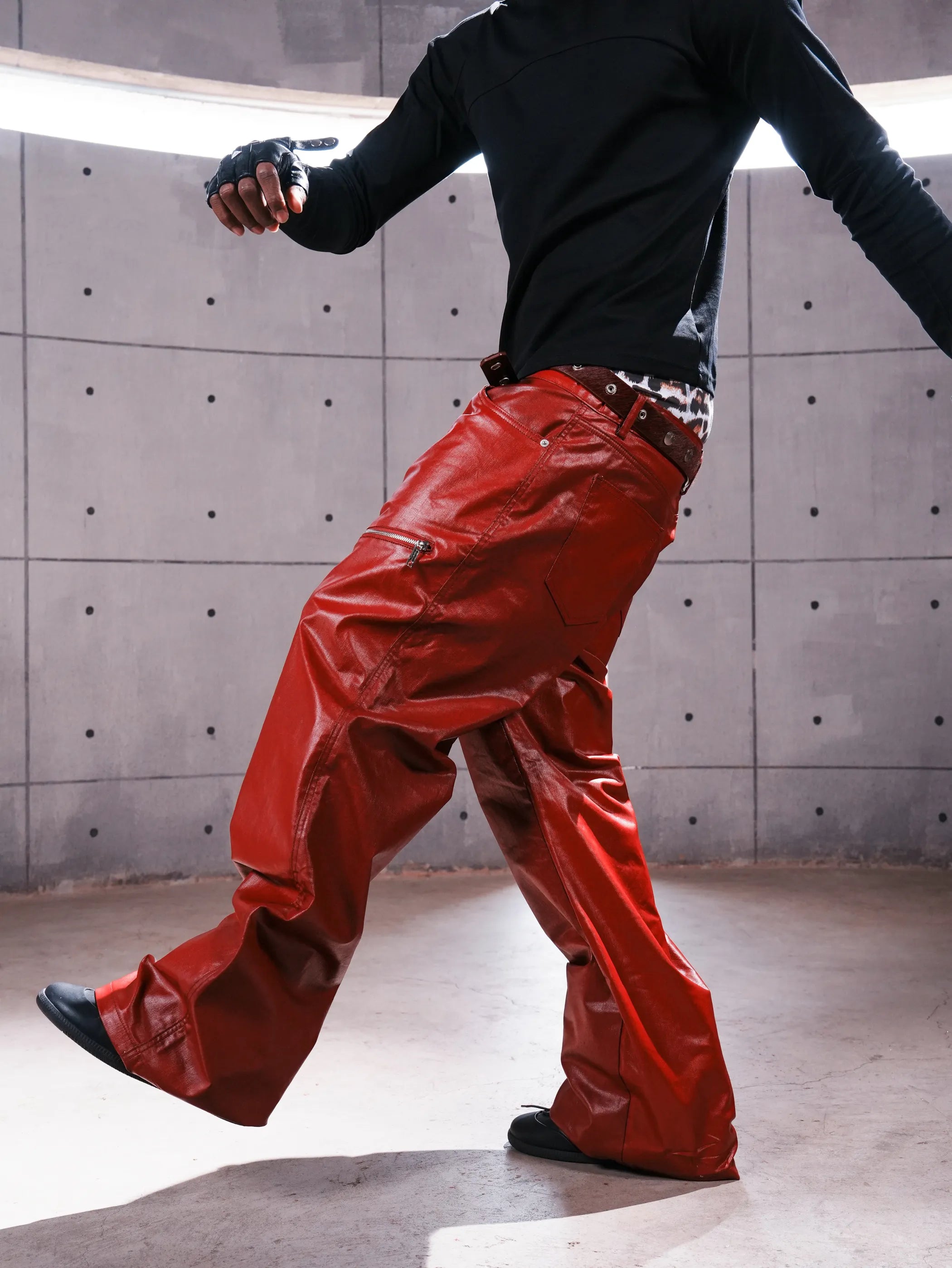 Liquid metal red coated straight-leg wax pants