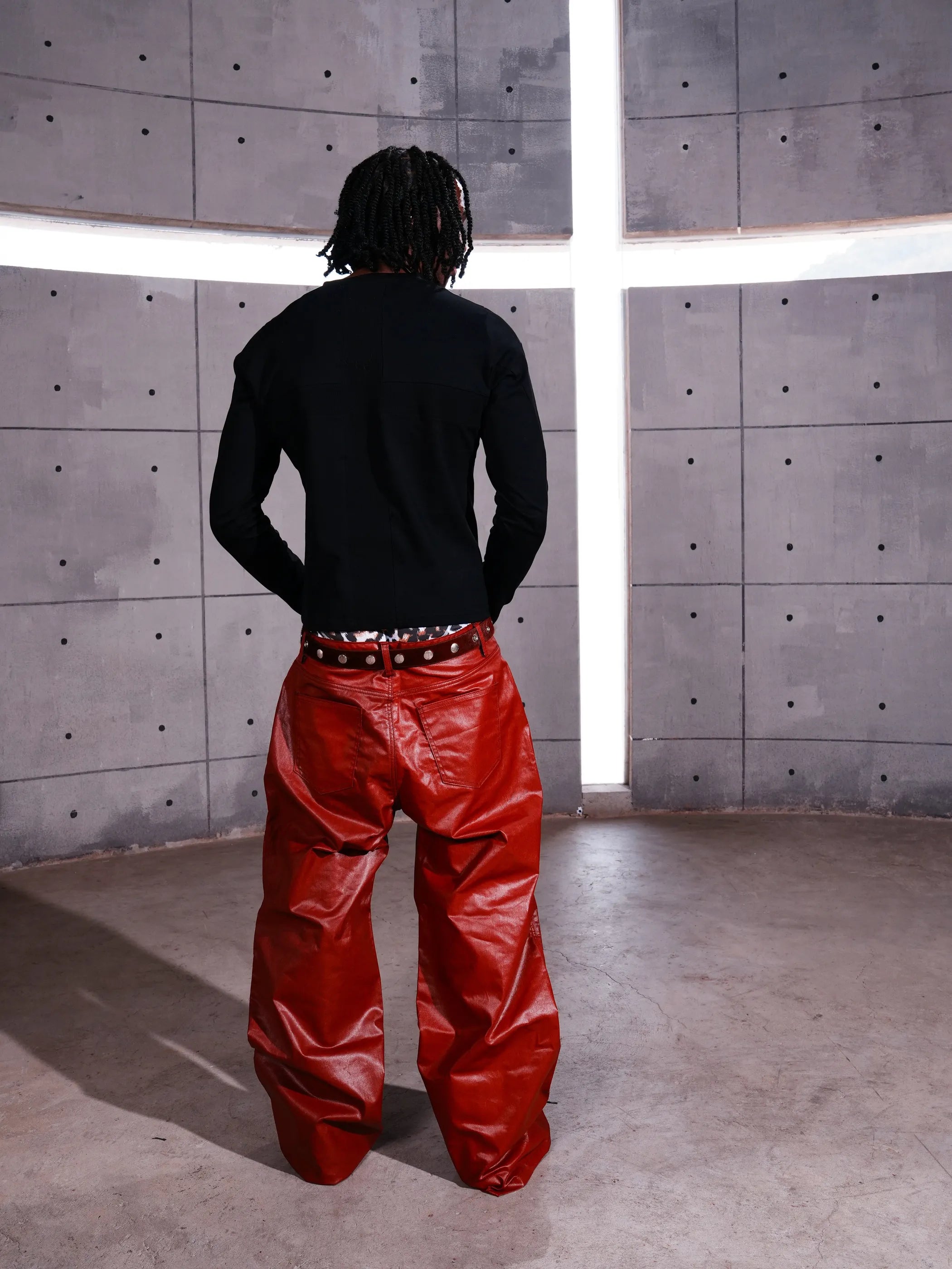 Liquid metal red coated straight-leg wax pants