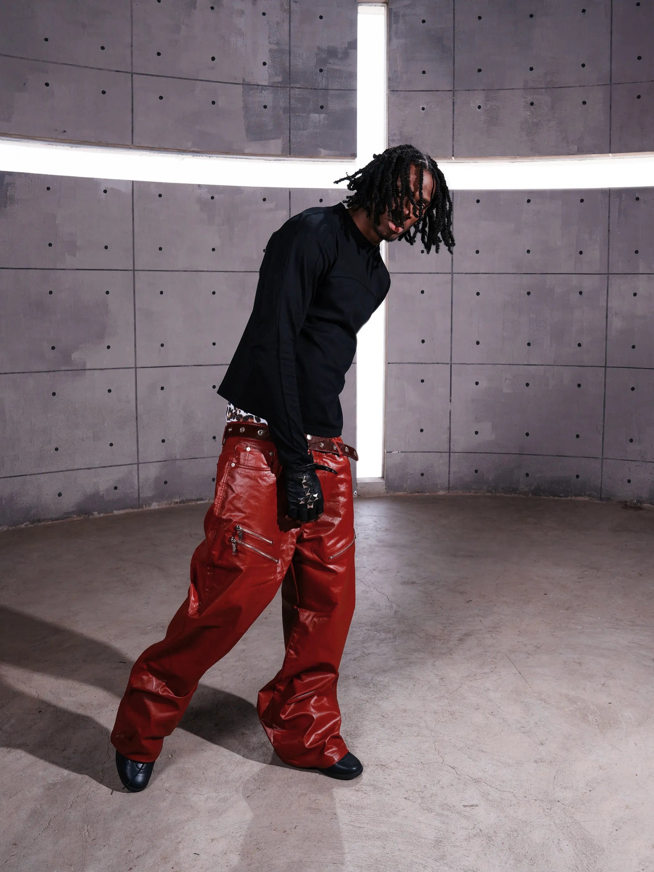 Liquid metal red coated straight-leg wax pants