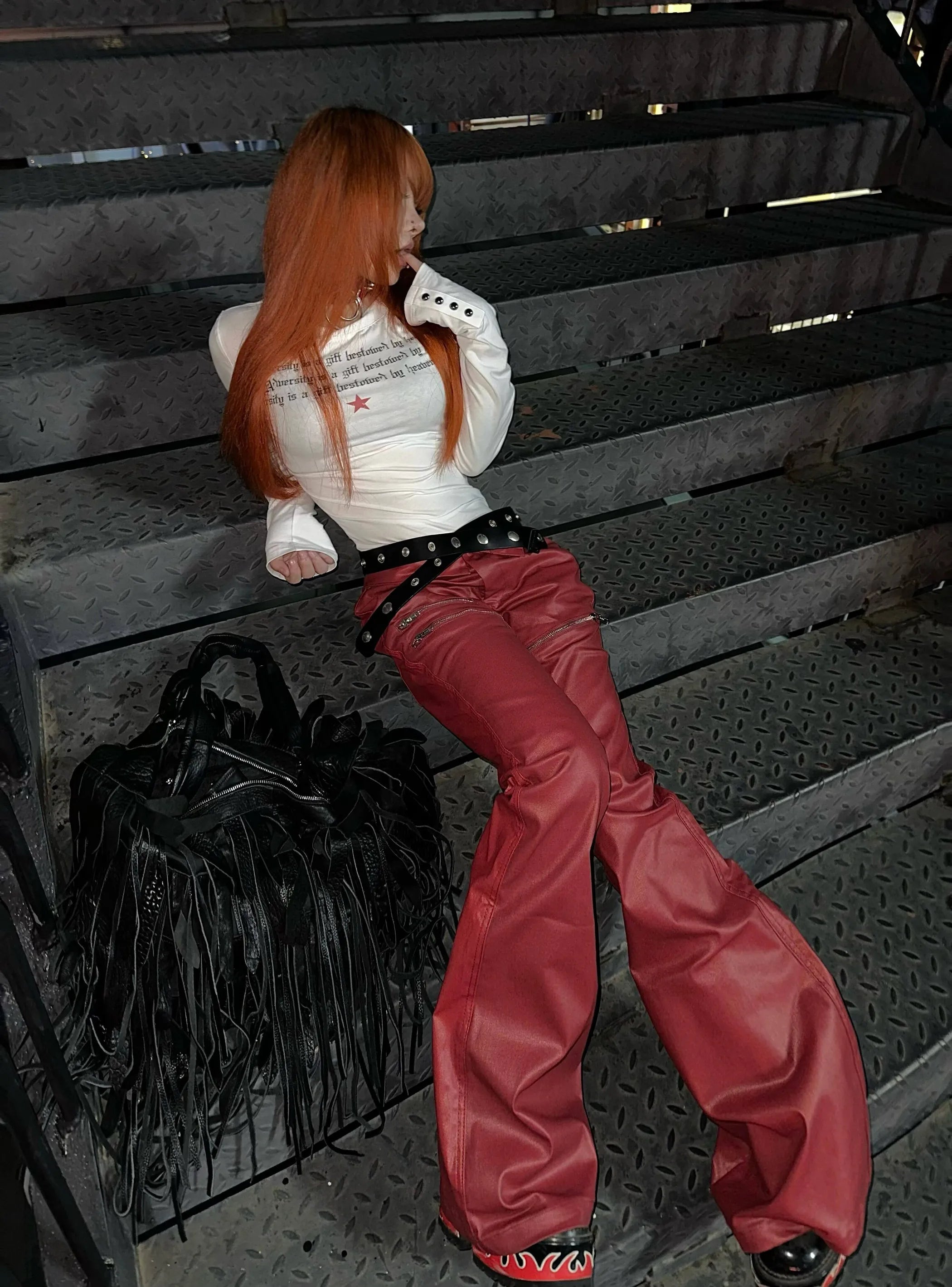 Liquid metal red coated wax pants