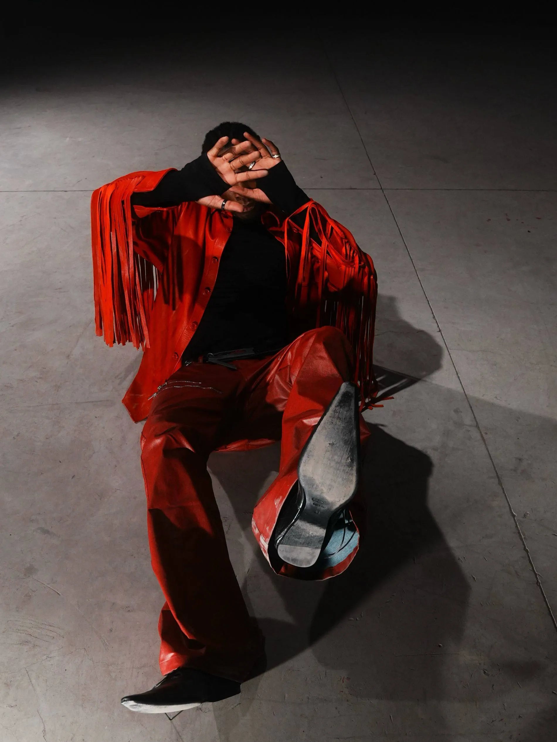Liquid metal red coated wax pants