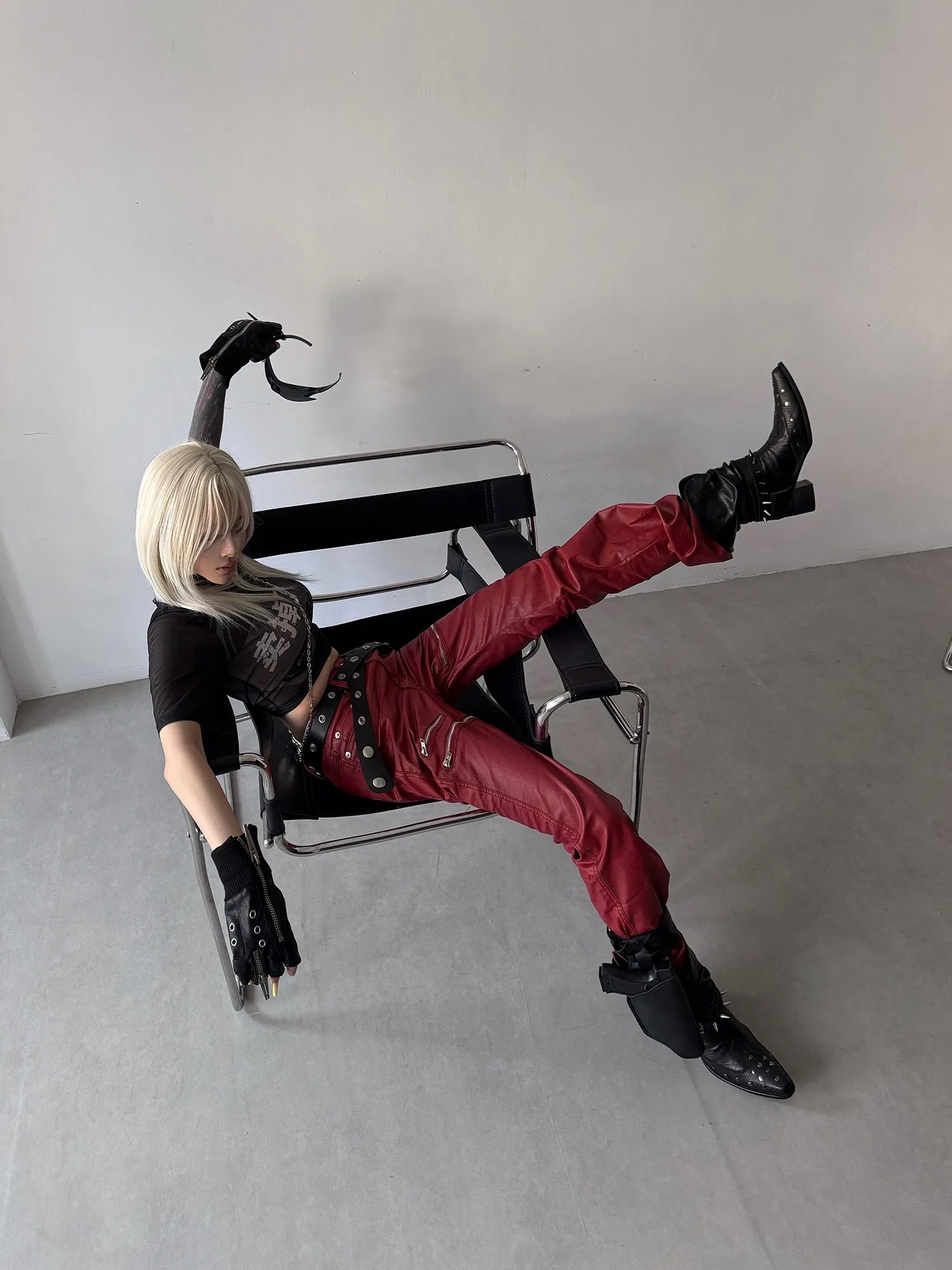 Liquid metal red coated wax pants