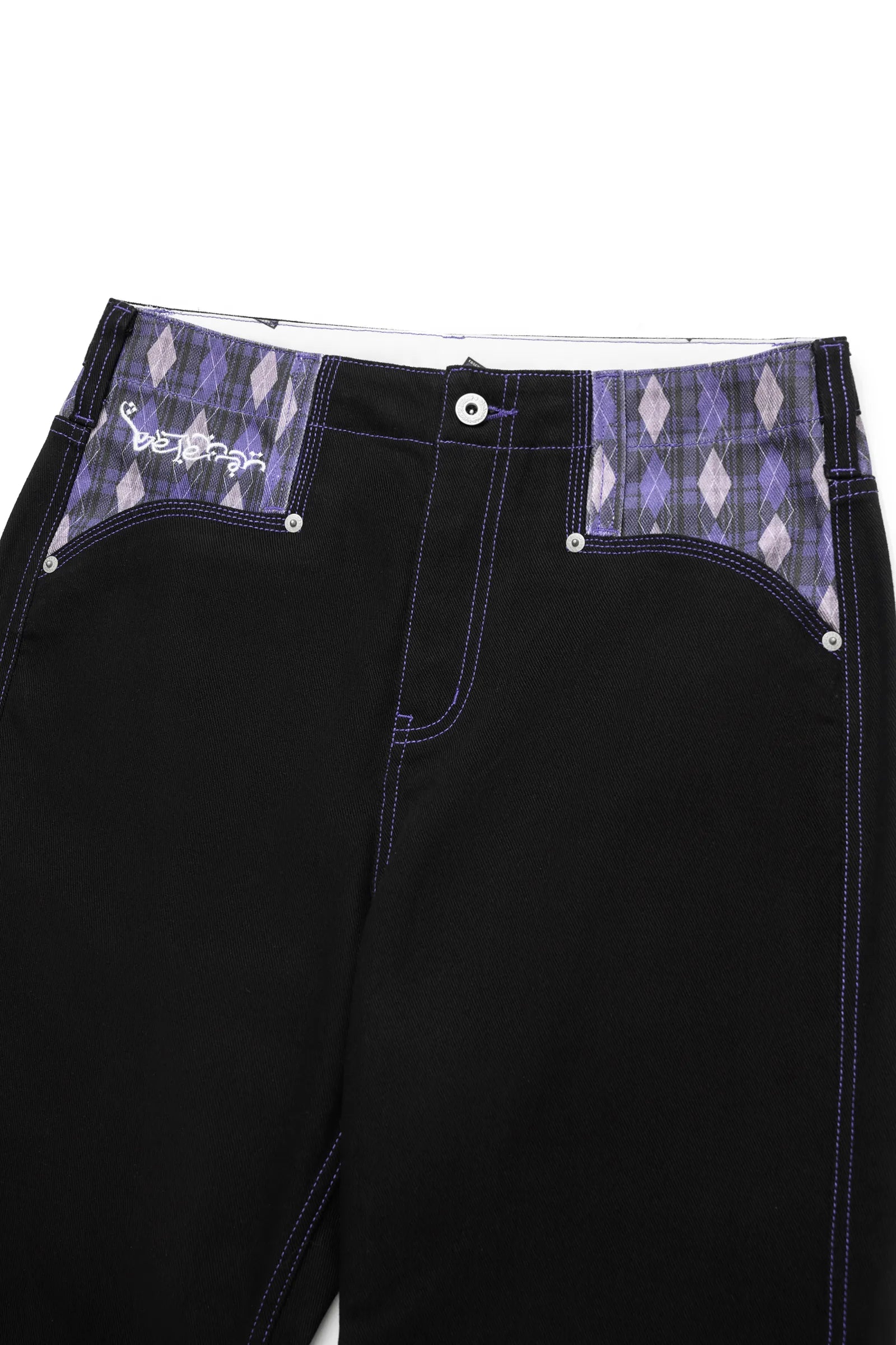 Purple diamond-grid jeans