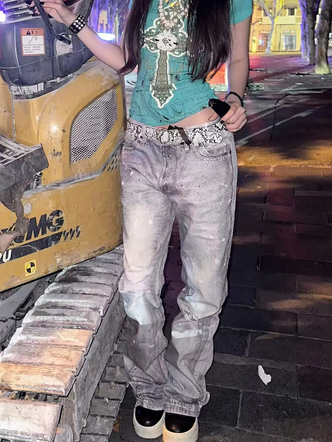 Ice Blue Stain Flared Denim Jeans