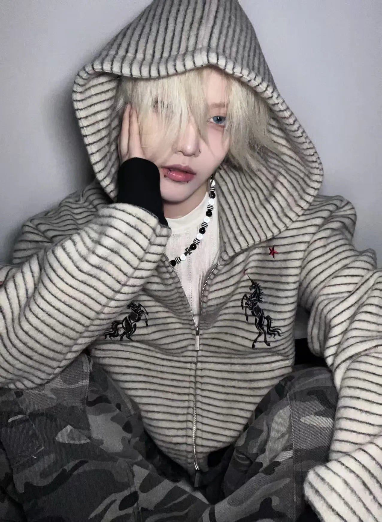 Red Star Unicorn Striped Zip Hoodie