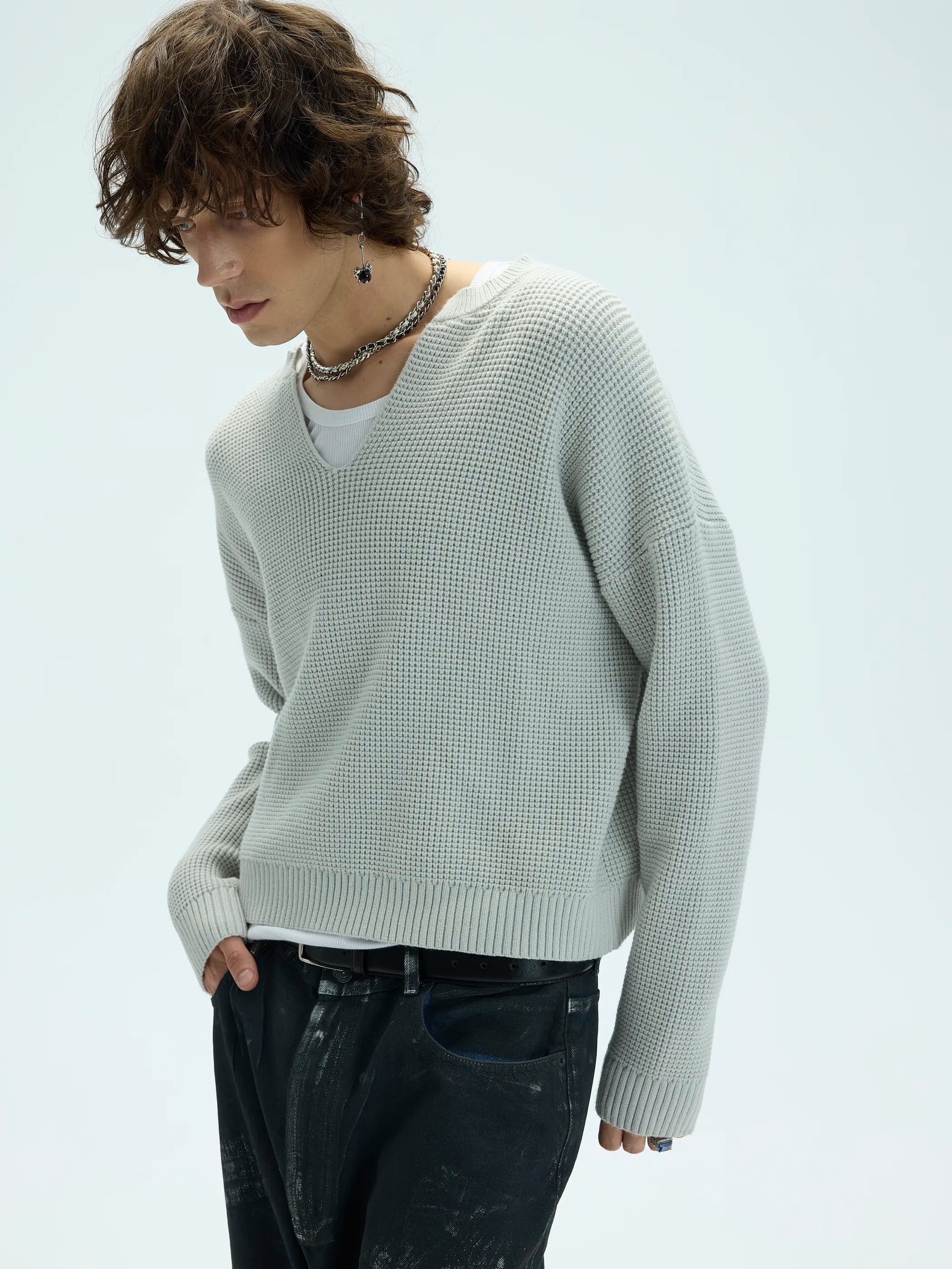 3D Waffle Texture Lace-Label Sweater