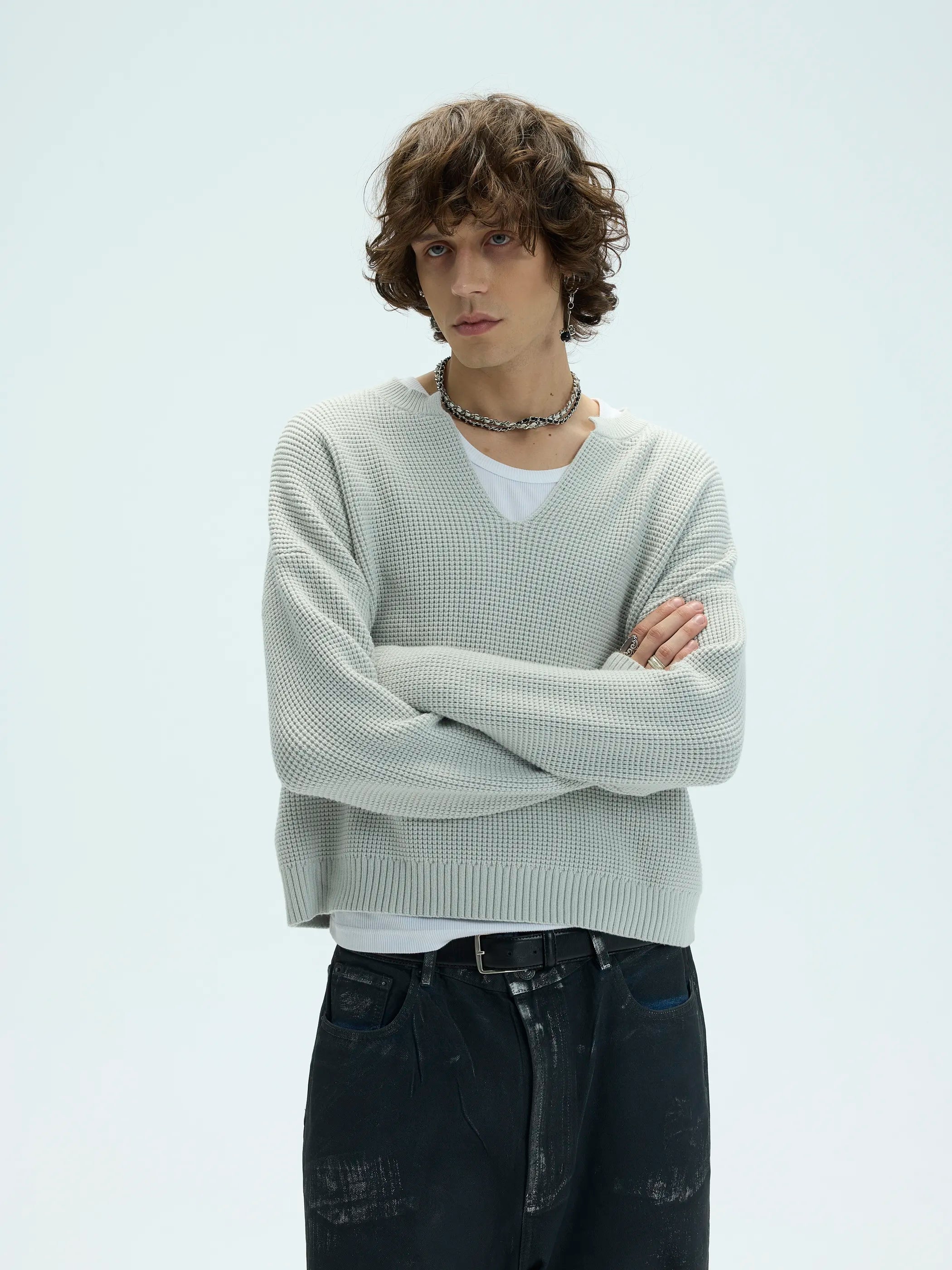 3D Waffle Texture Lace-Label Sweater
