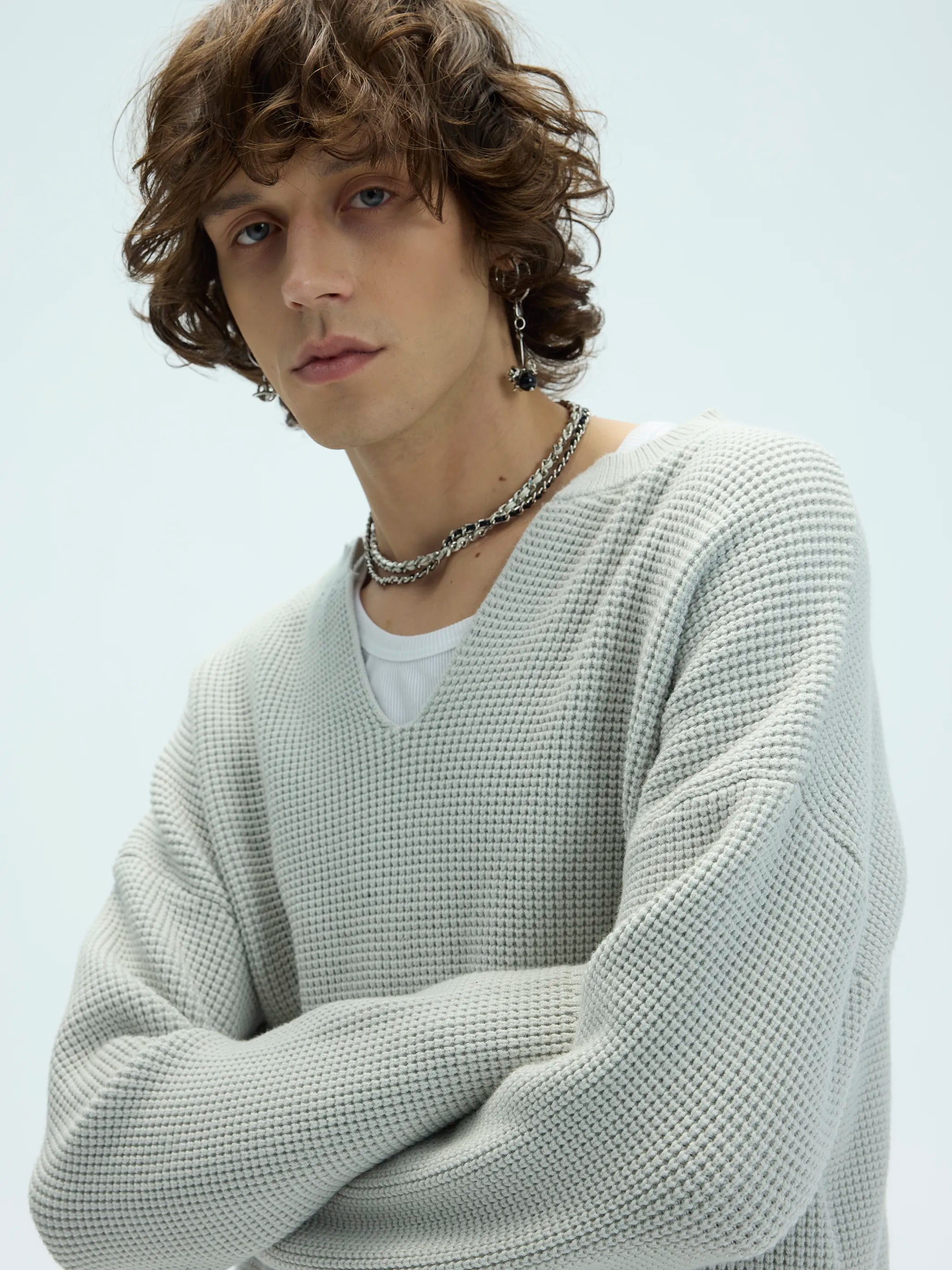 3D Waffle Texture Lace-Label Sweater