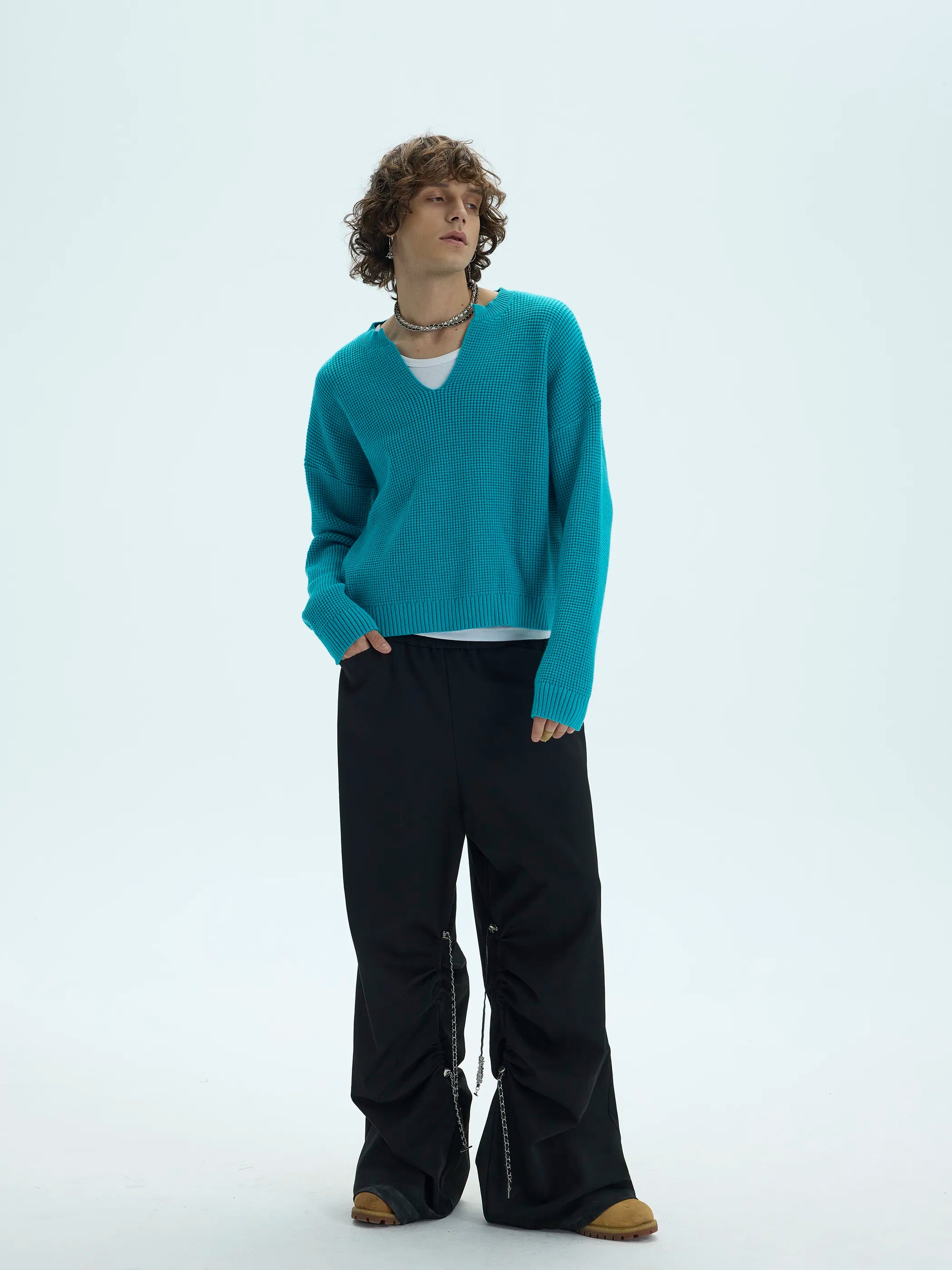 3D Waffle Texture Lace-Label Sweater