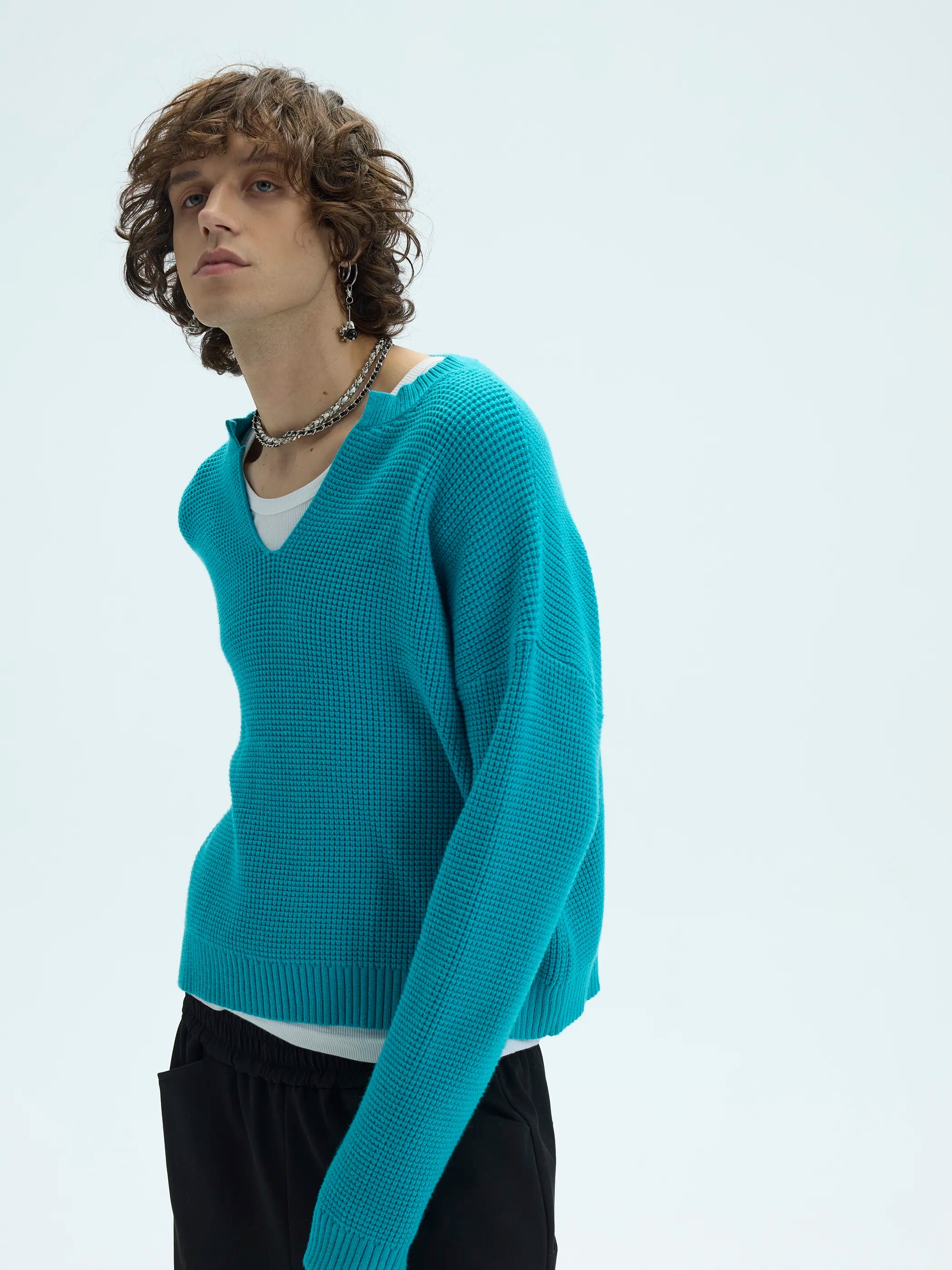 3D Waffle Texture Lace-Label Sweater