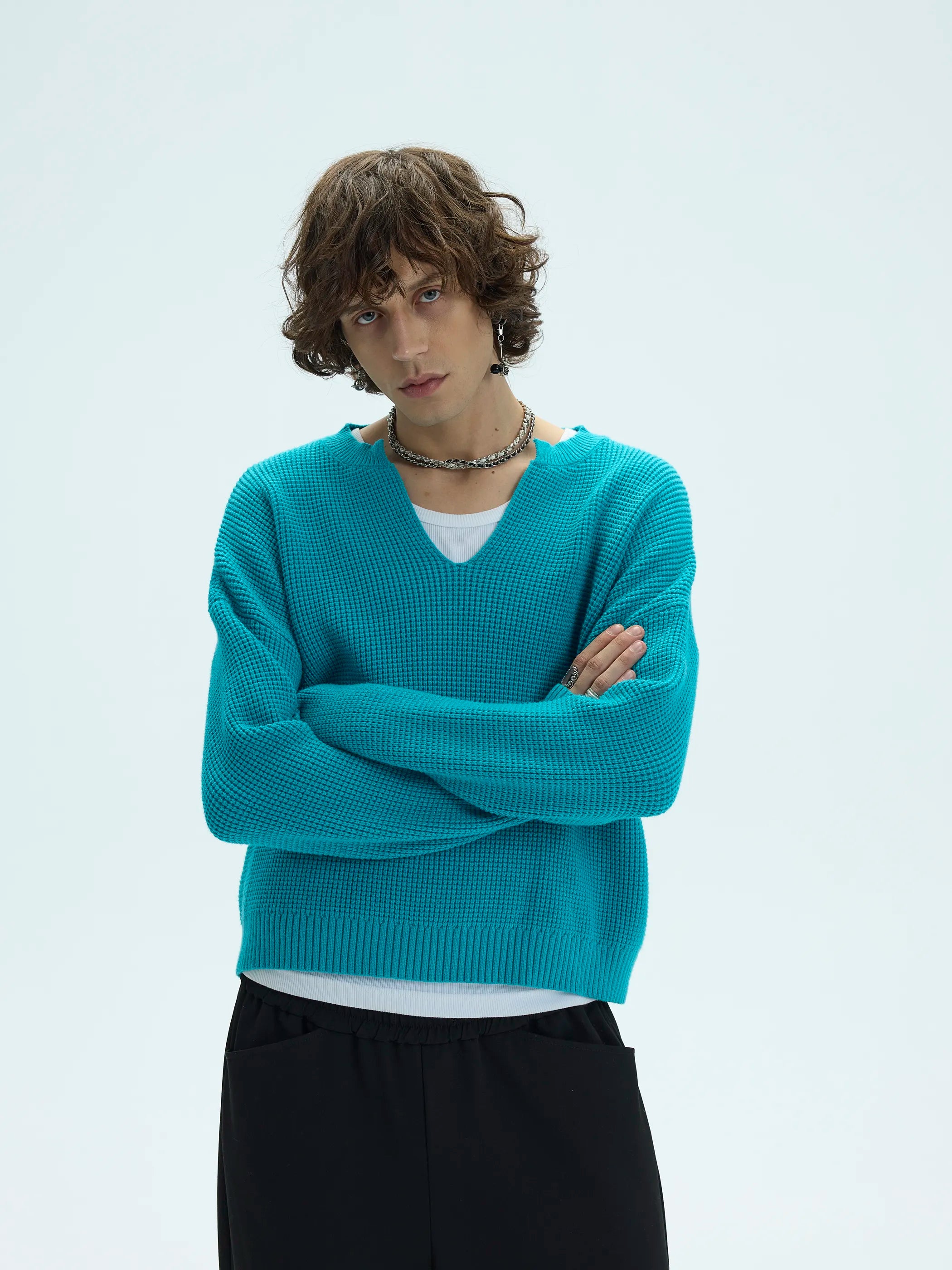 3D Waffle Texture Lace-Label Sweater