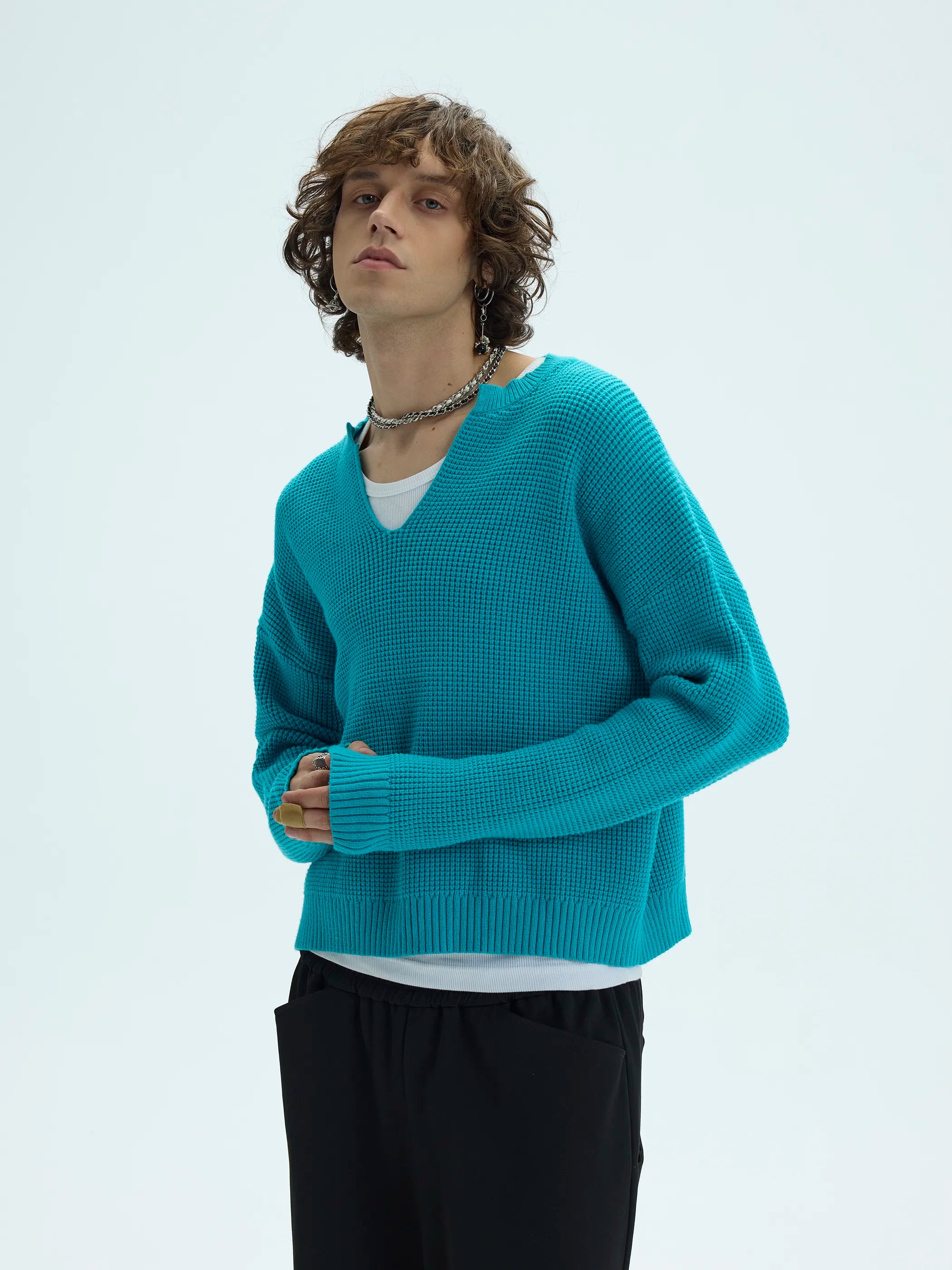 3D Waffle Texture Lace-Label Sweater