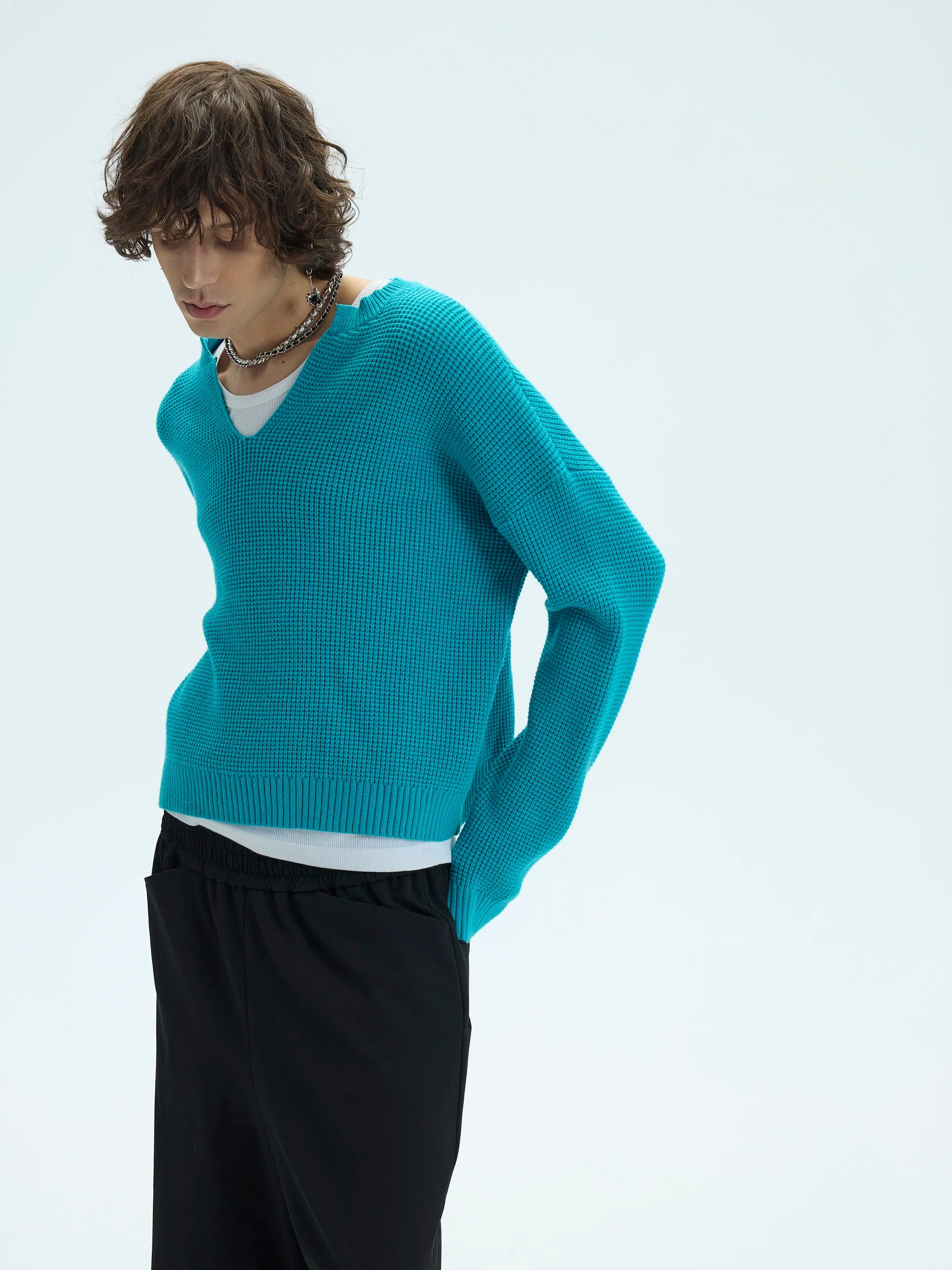 3D Waffle Texture Lace-Label Sweater