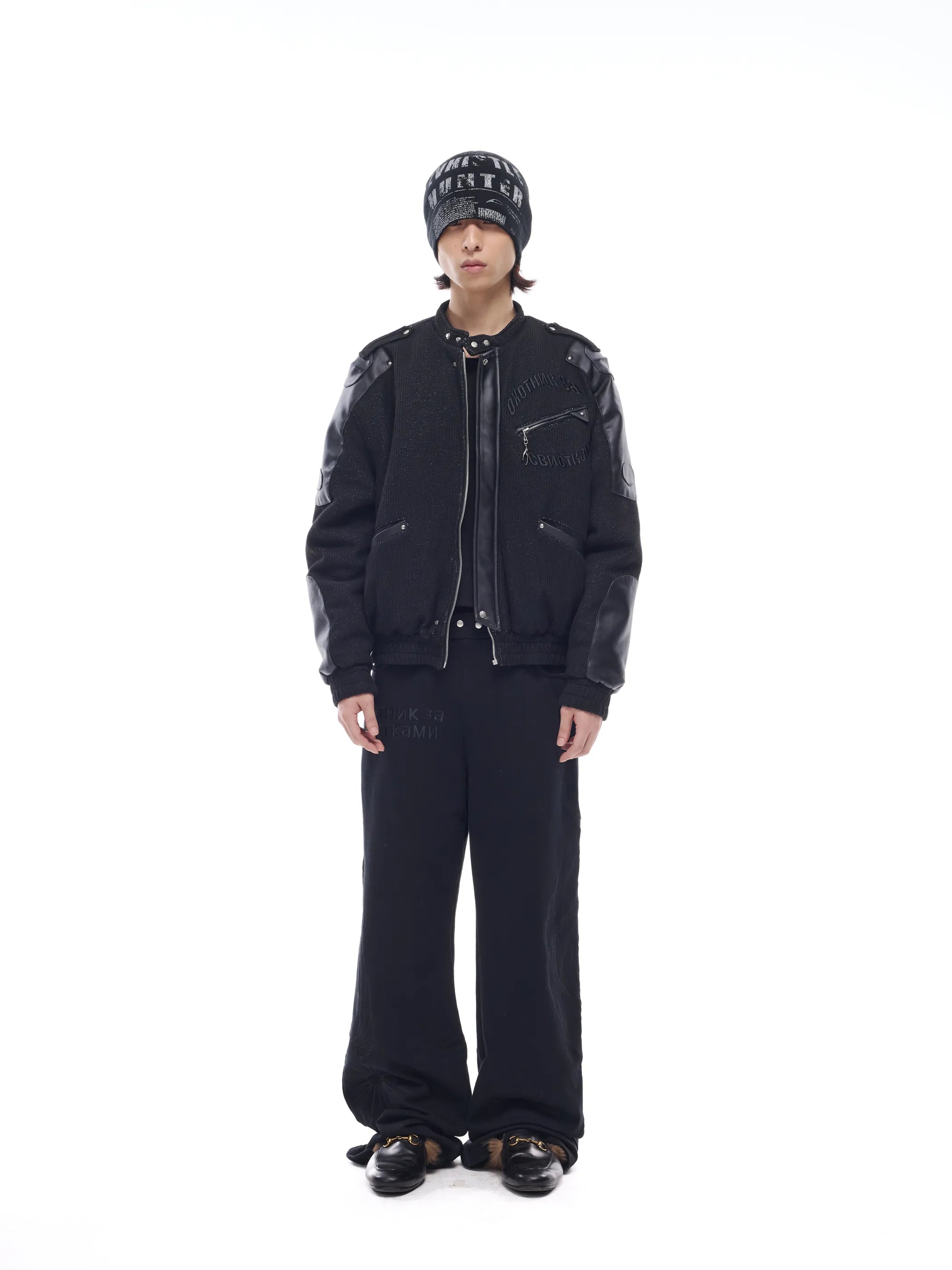 Leather-panelled moto bomber jacket