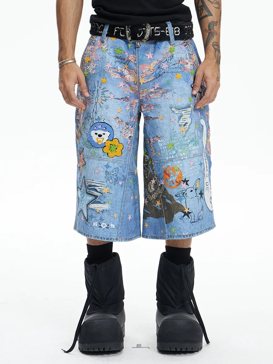Plush Cartoon Denim Shorts