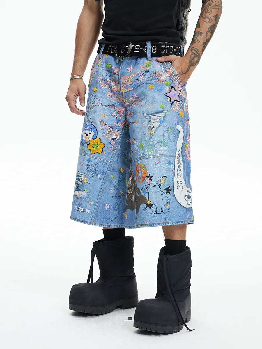 Plush Cartoon Denim Shorts