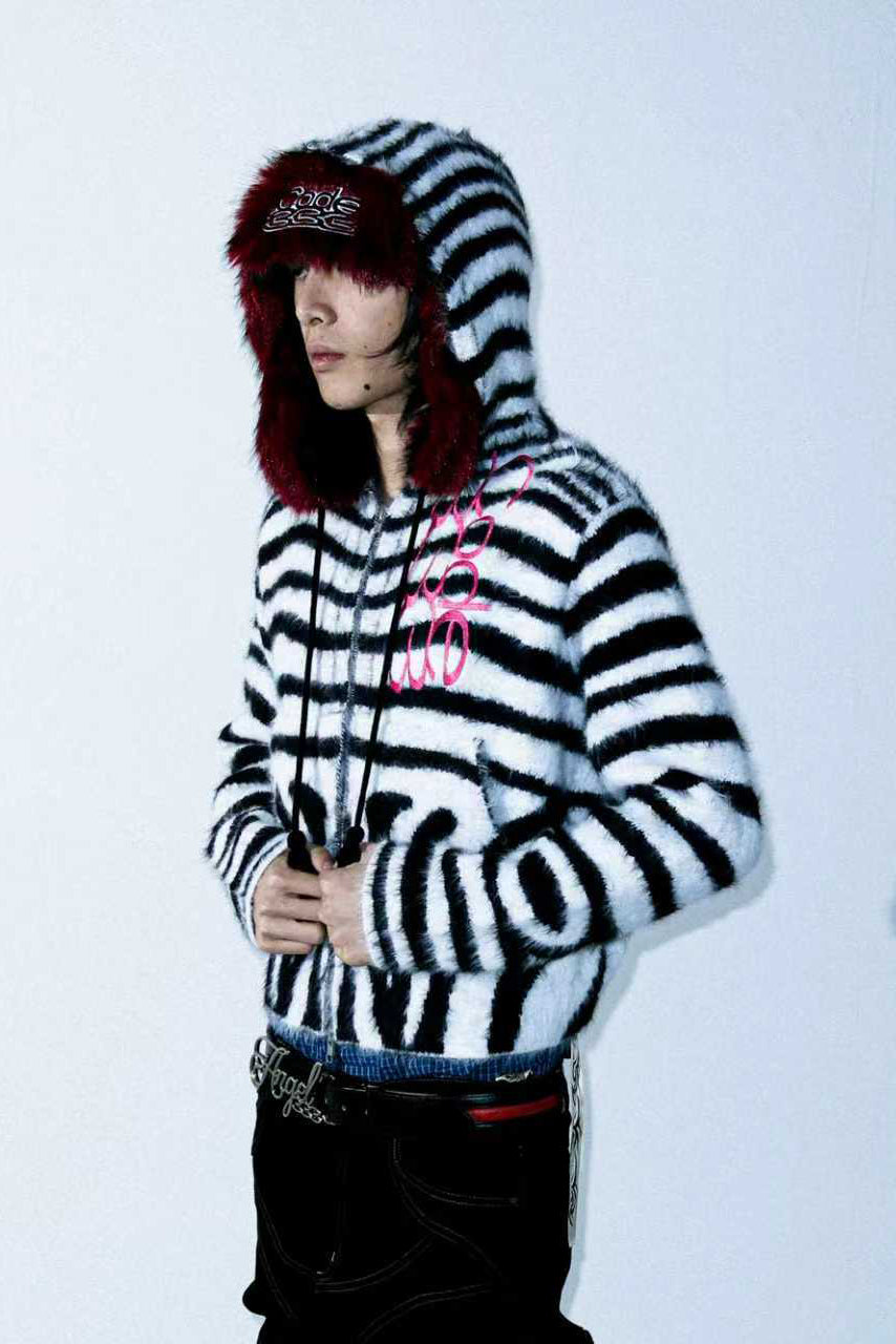 Zebra Print Hooded Fur Sweater
