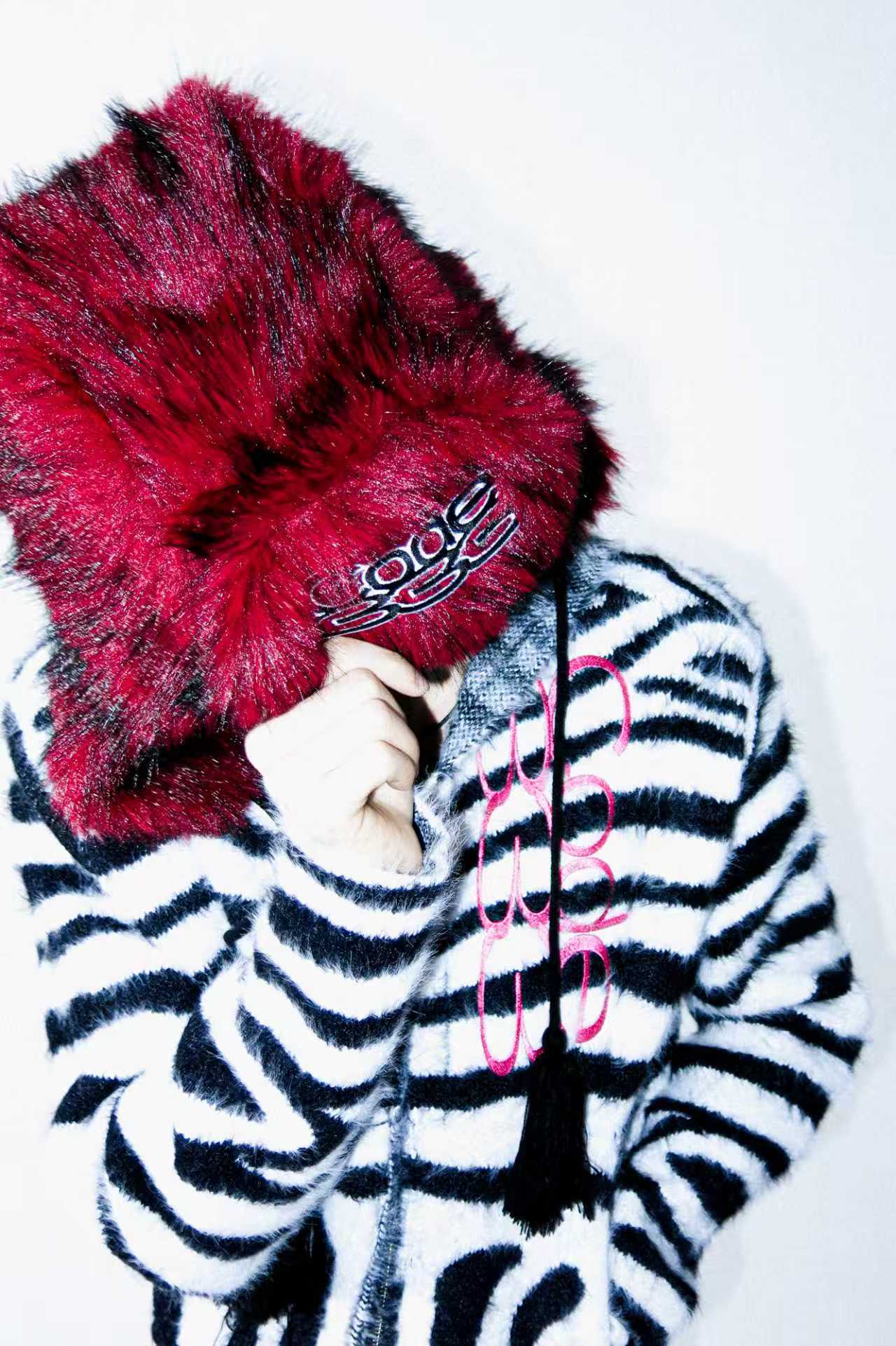 Zebra Print Hooded Fur Sweater