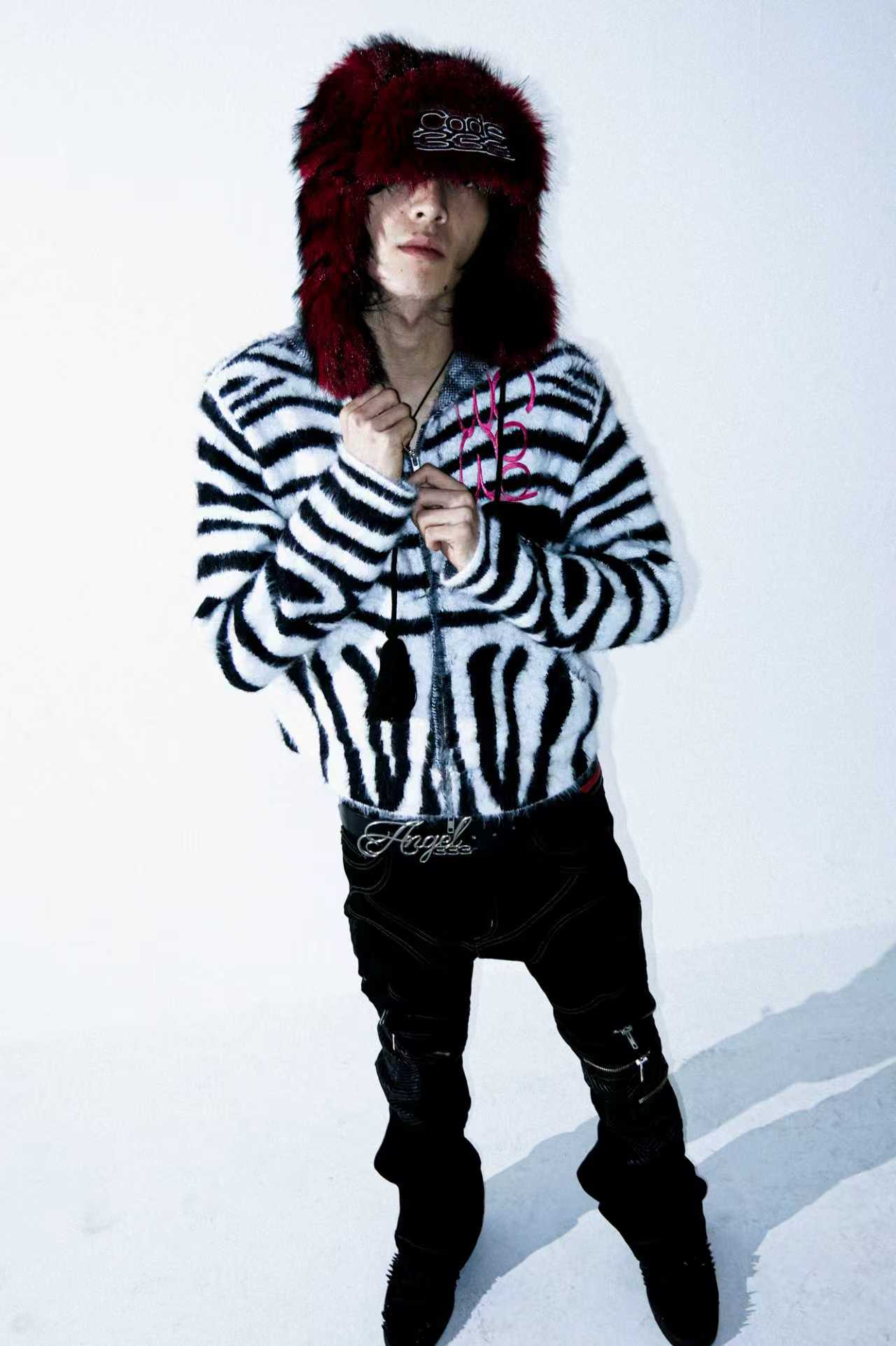 Zebra Print Hooded Fur Sweater