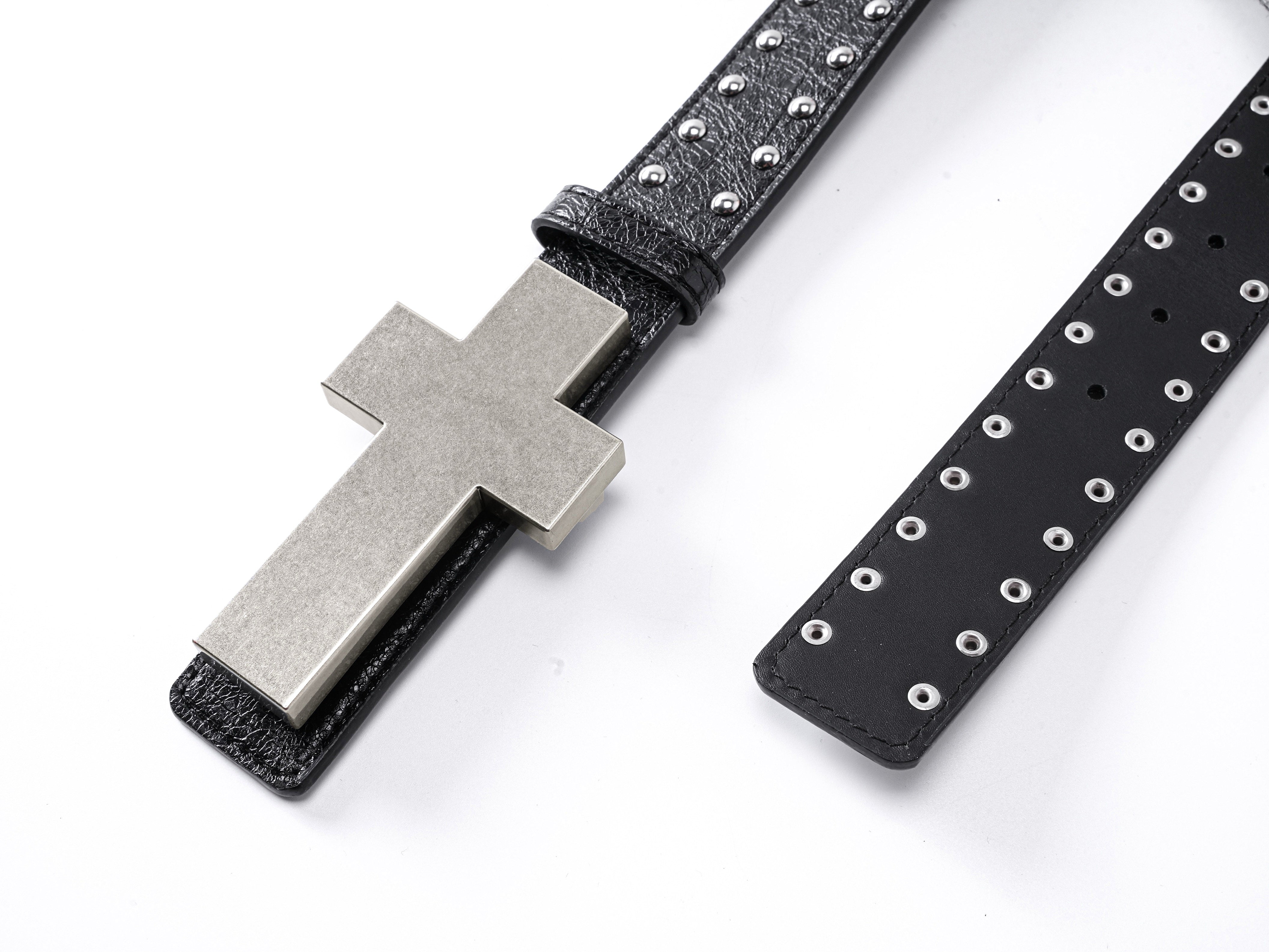 "✝" Cracked-texture studded belt
