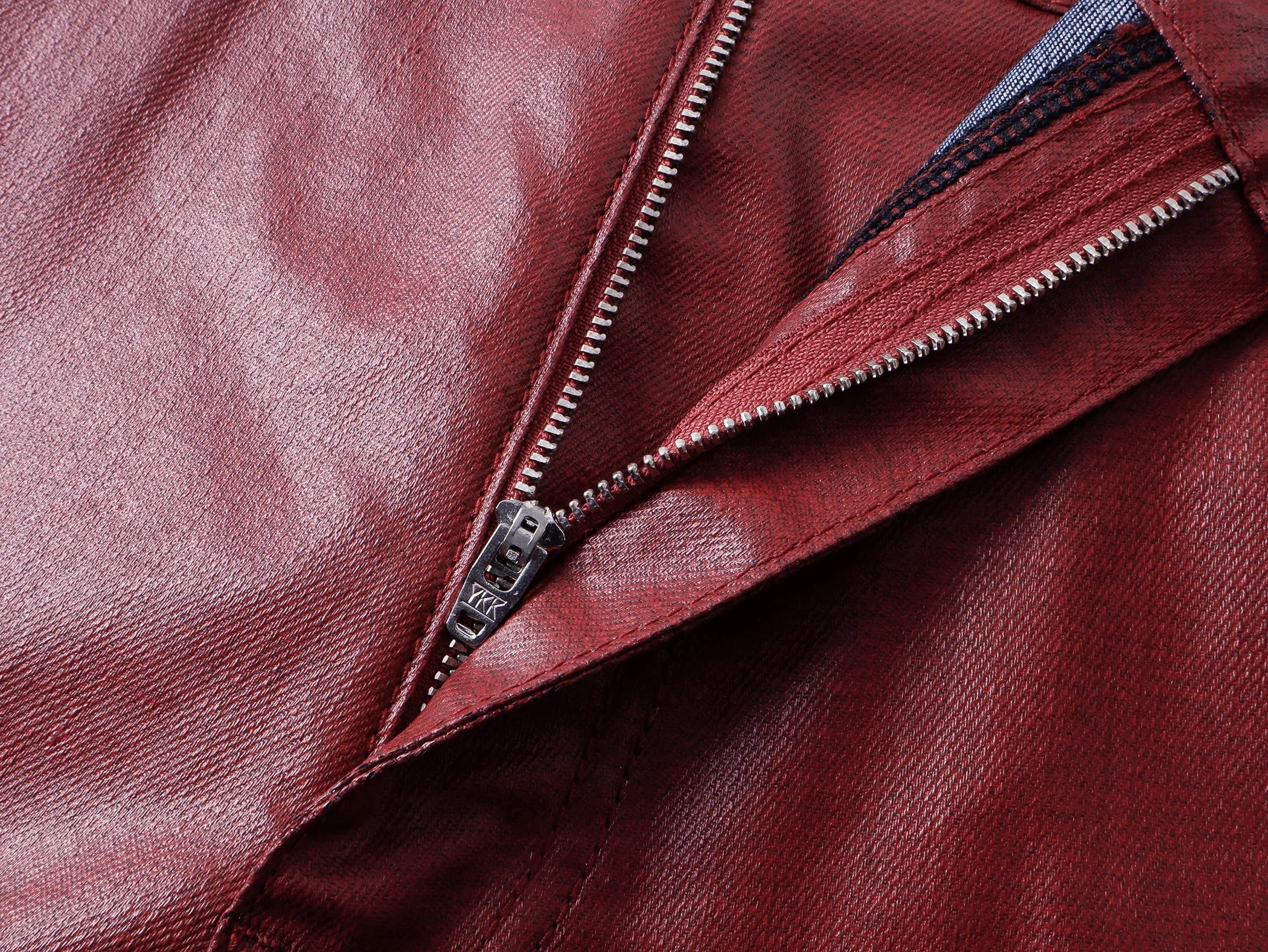 Liquid metal red coated straight-leg wax pants