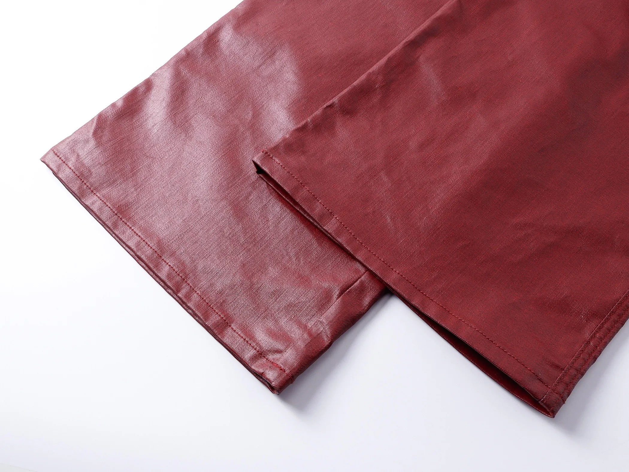 Liquid metal red coated straight-leg wax pants