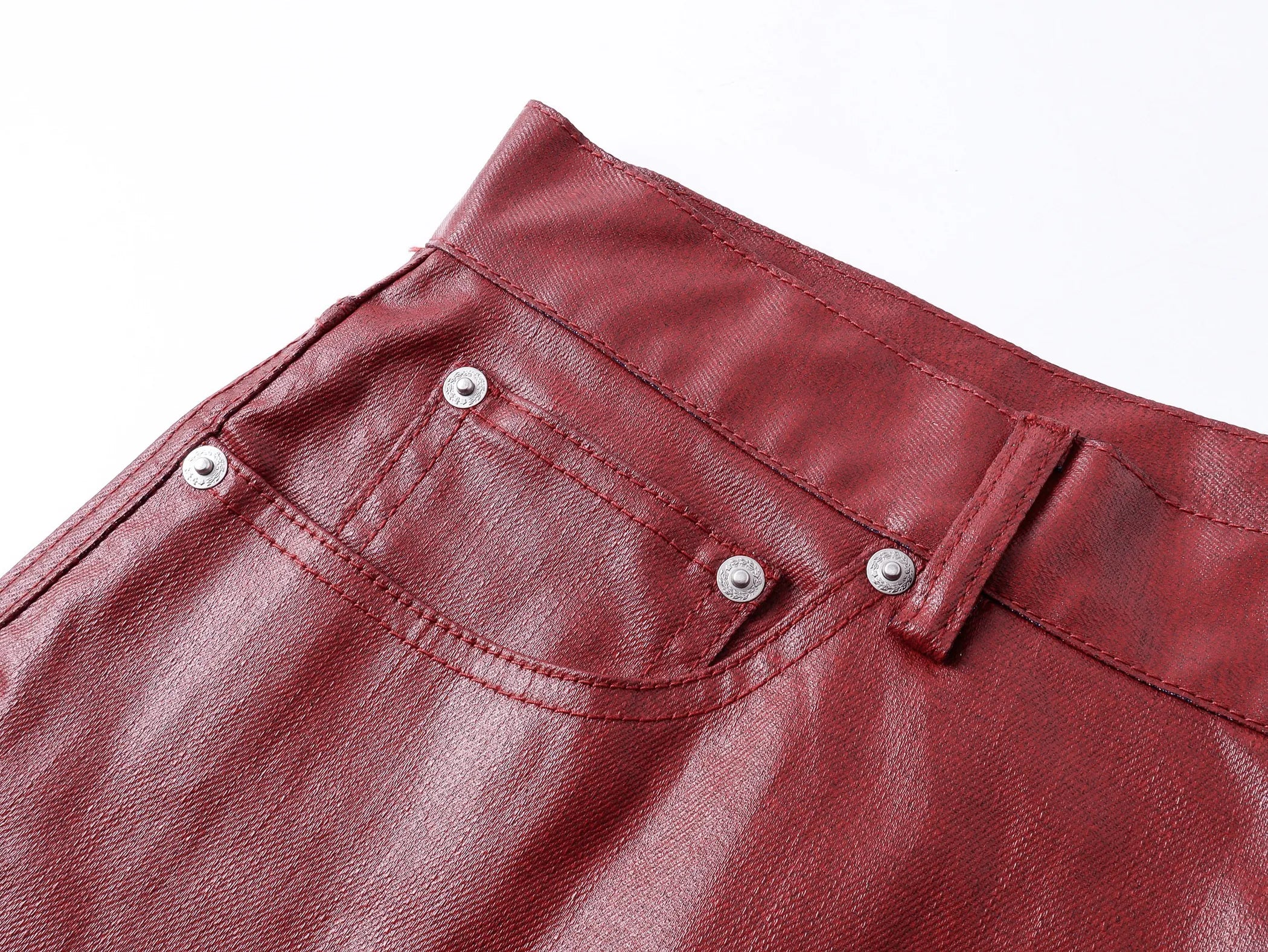 Liquid metal red coated straight-leg wax pants