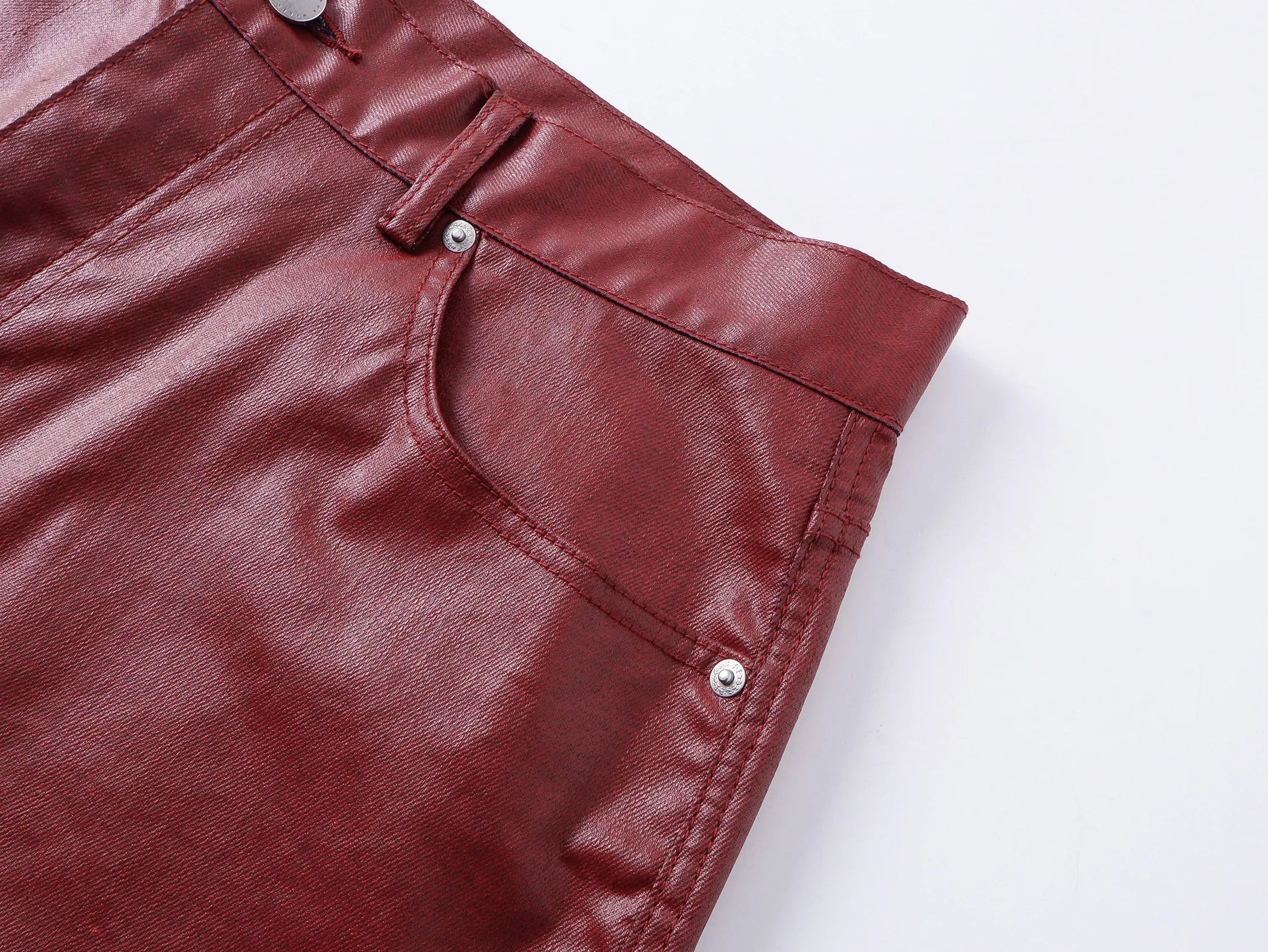 Liquid metal red coated straight-leg wax pants