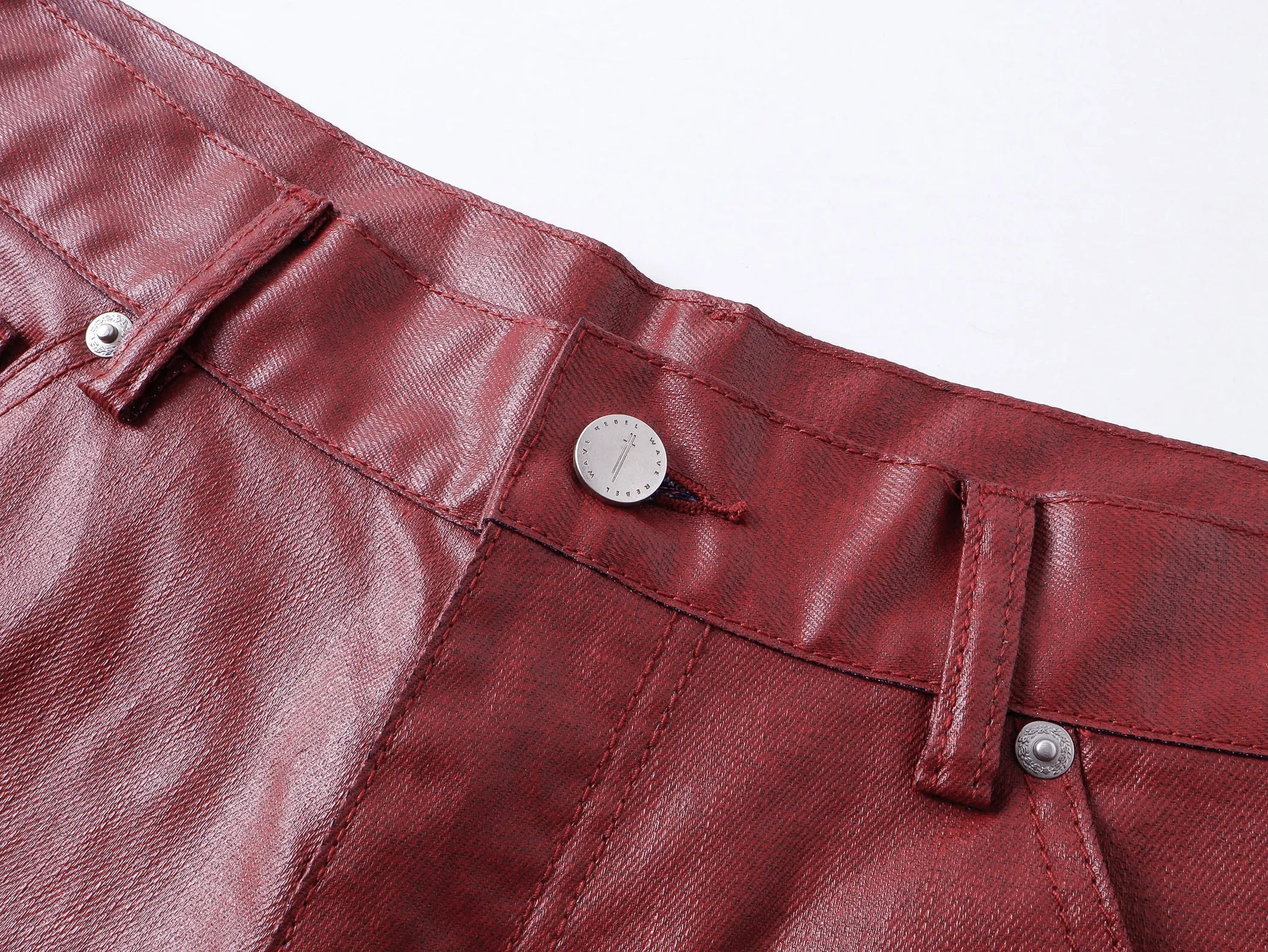 Liquid metal red coated straight-leg wax pants