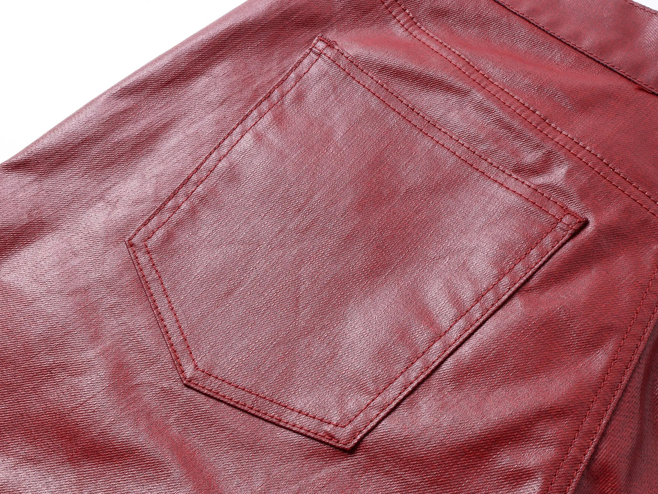 Liquid metal red coated straight-leg wax pants