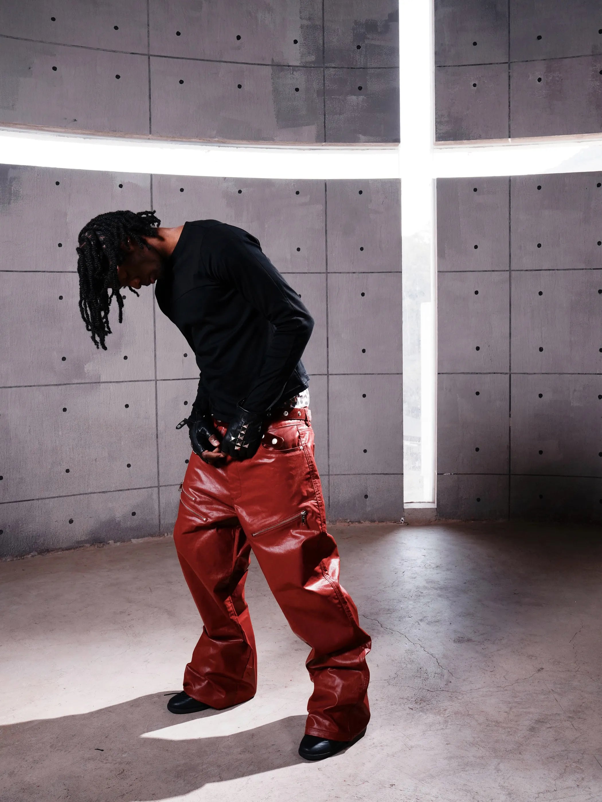 Liquid metal red coated straight-leg wax pants