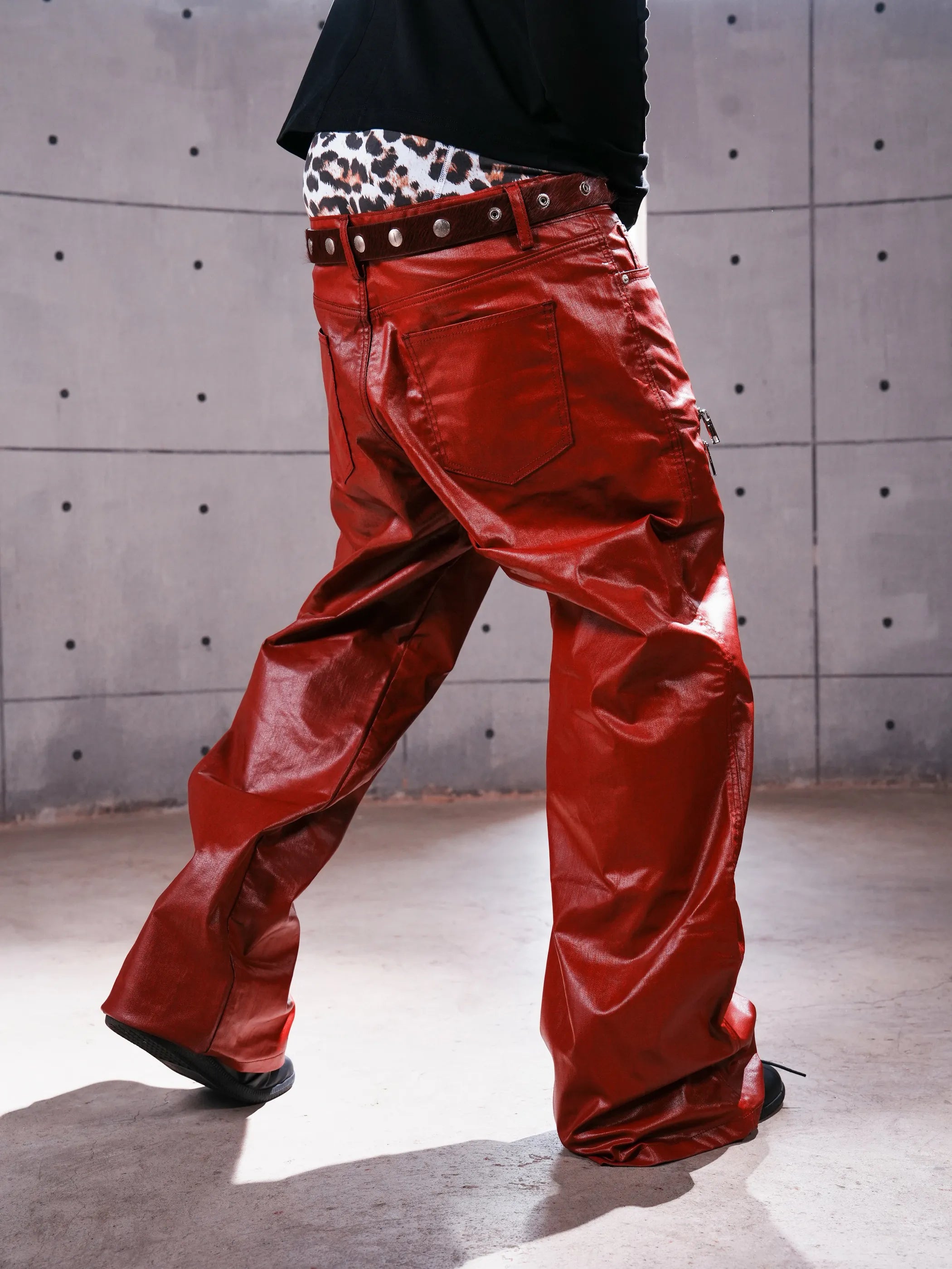 Liquid metal red coated straight-leg wax pants