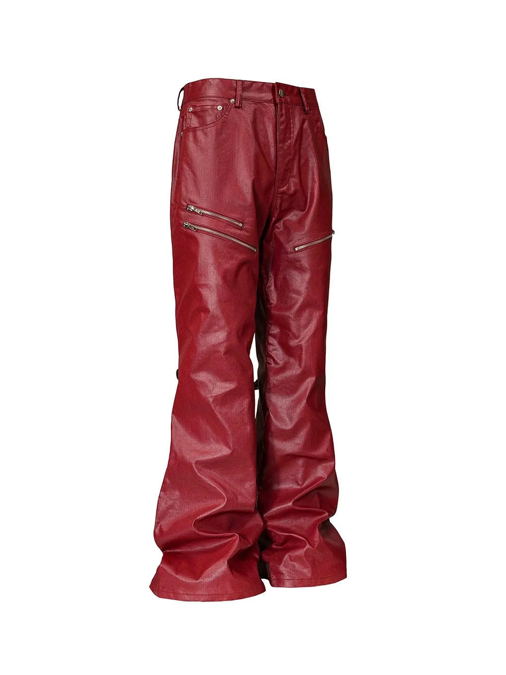 Liquid metal red coated straight-leg wax pants