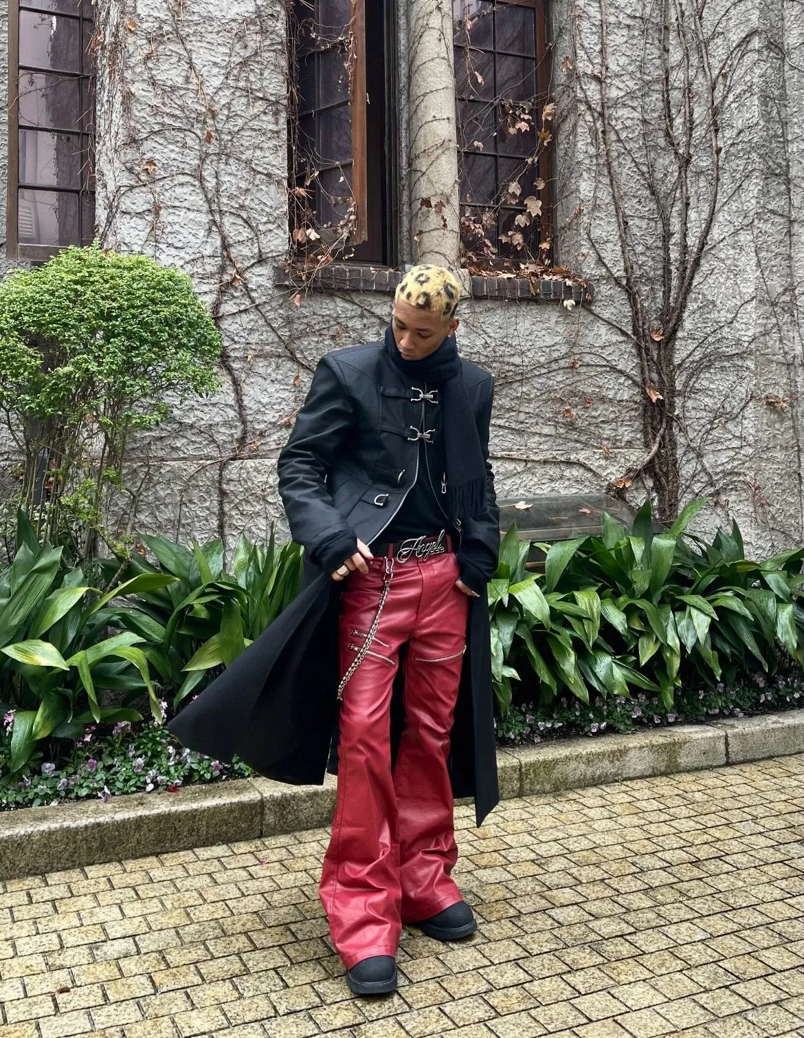 Liquid metal red coated wax pants