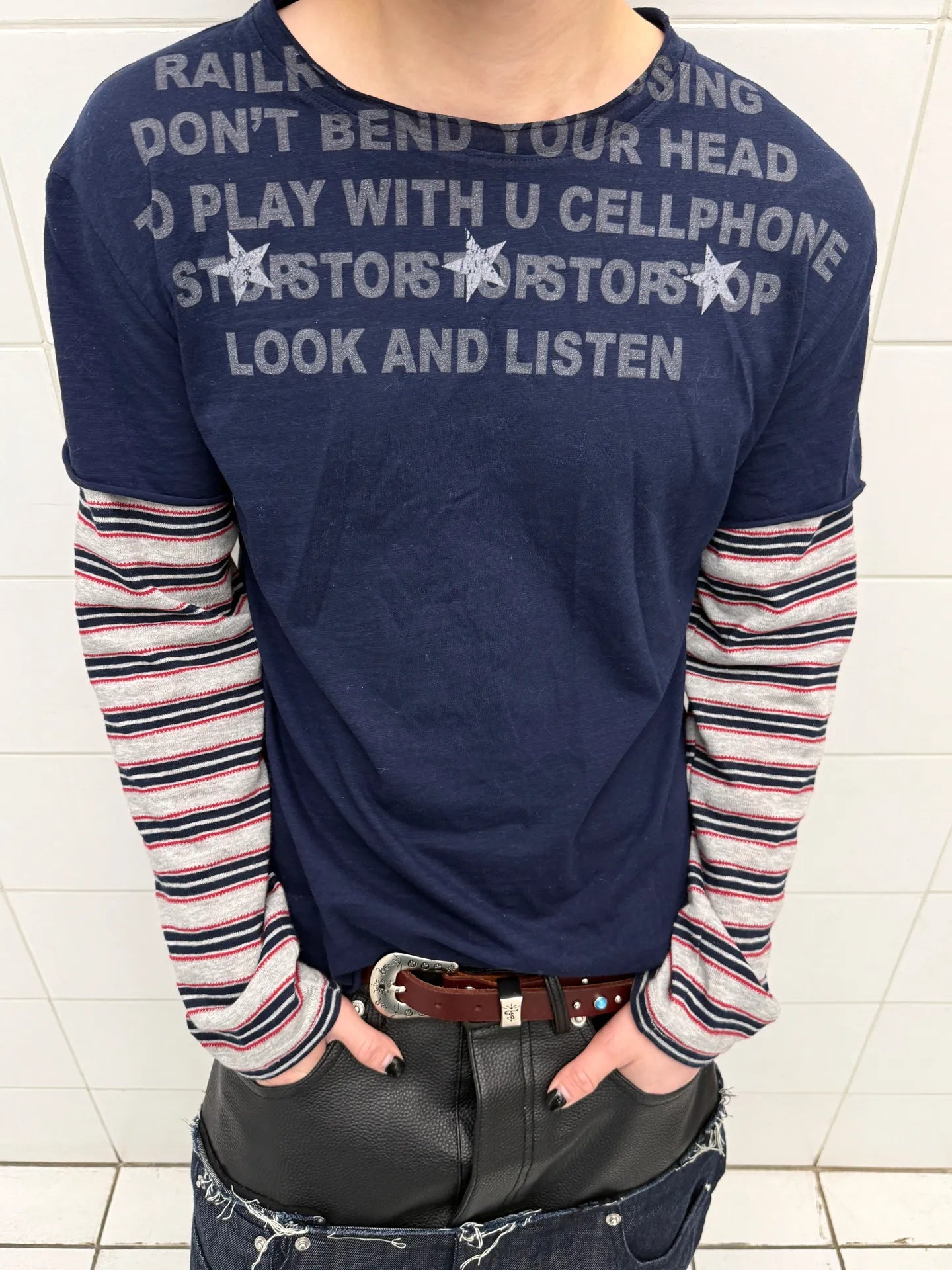 Striped Fake Two-Piece Long Sleeve