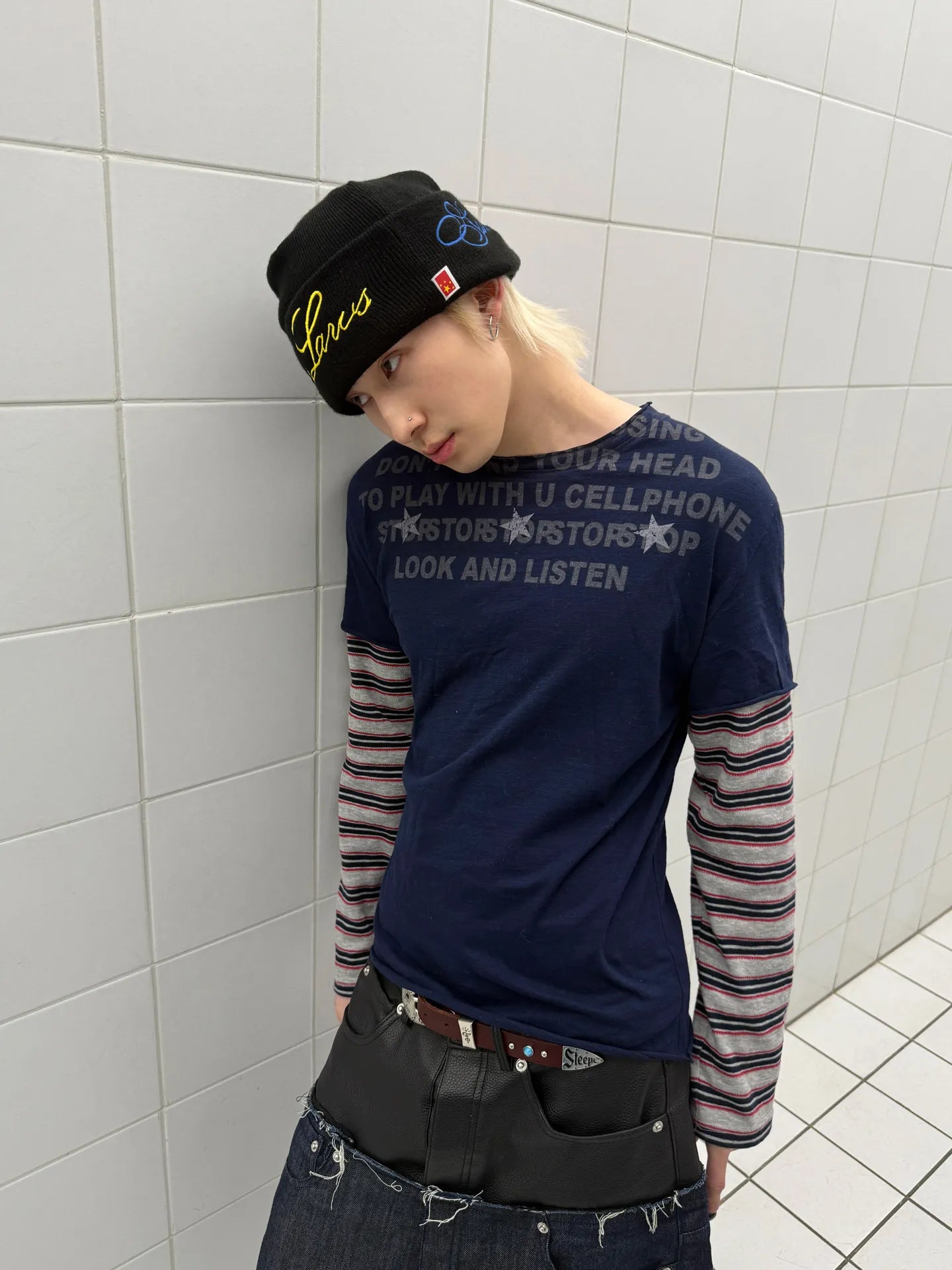 Striped Fake Two-Piece Long Sleeve