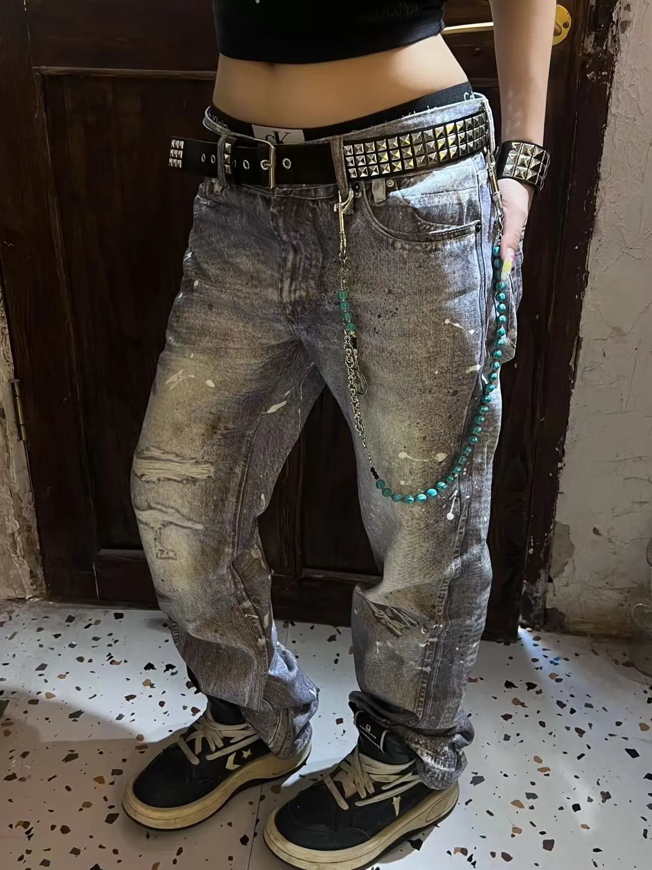 Ice Blue Stain Flared Denim Jeans